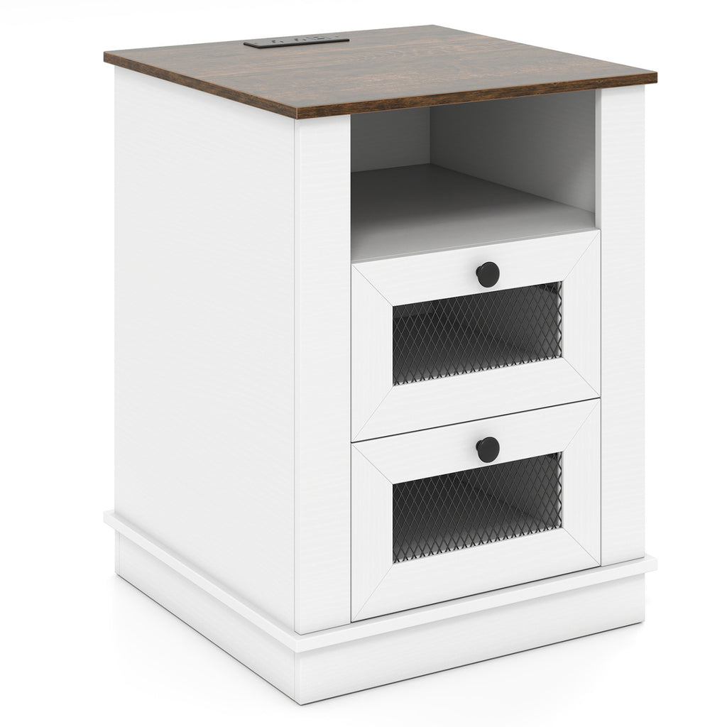 Nightstand with Charging Station and 2 Drawers Storage Compartment for Bedroom-Rustic Brown