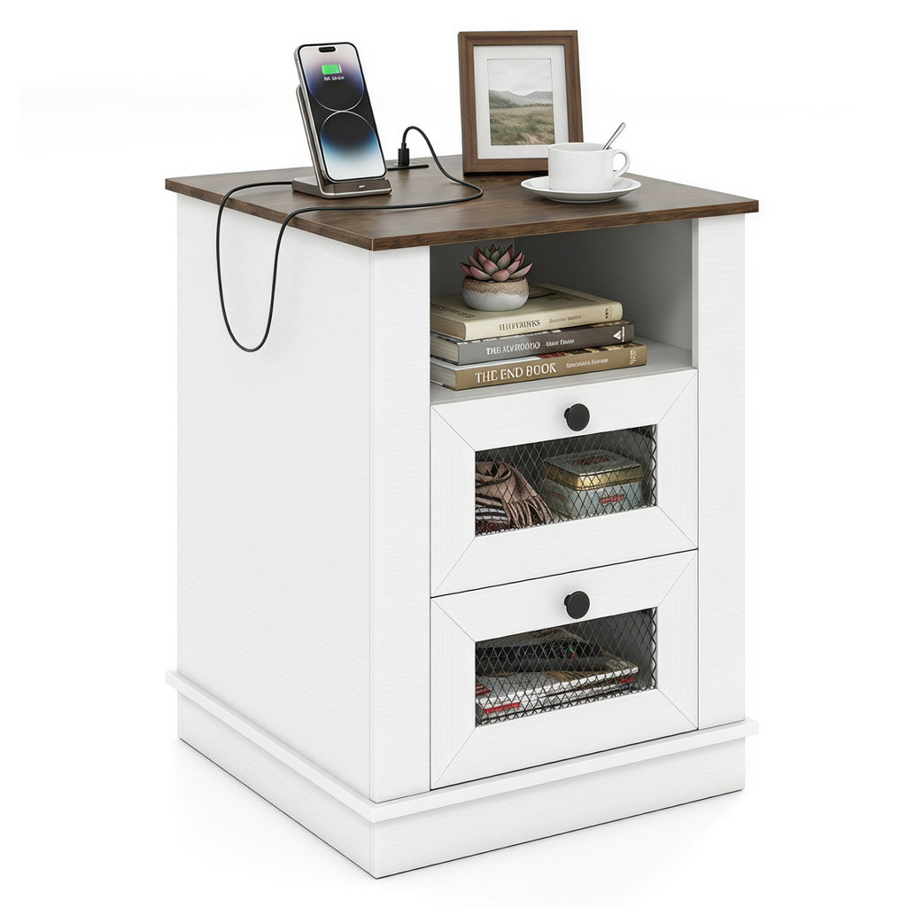 Nightstand with Charging Station and 2 Drawers Storage Compartment for Bedroom-Rustic Brown