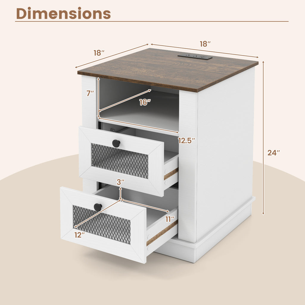 Nightstand with Charging Station and 2 Drawers Storage Compartment for Bedroom-Rustic Brown