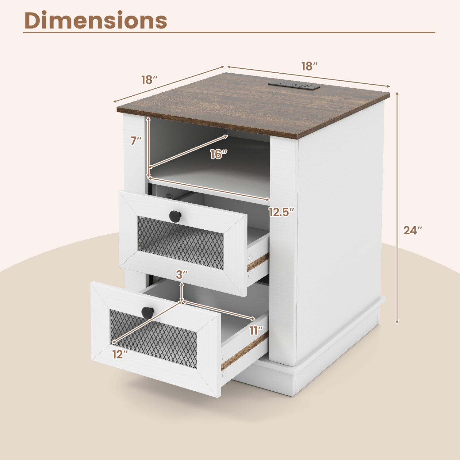Nightstand with Charging Station and 2 Drawers Storage Compartment for Bedroom-Rustic Brown