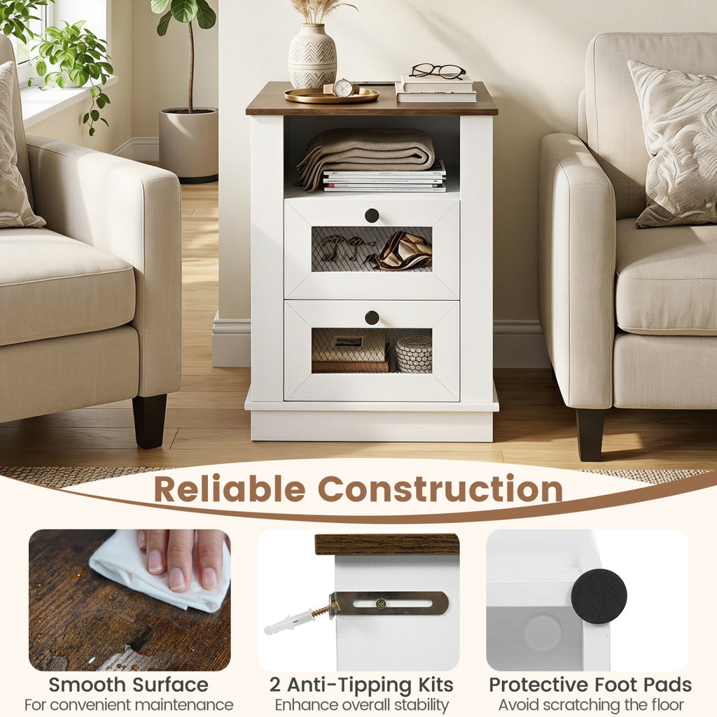 Nightstand with Charging Station and 2 Drawers Storage Compartment for Bedroom-Rustic Brown