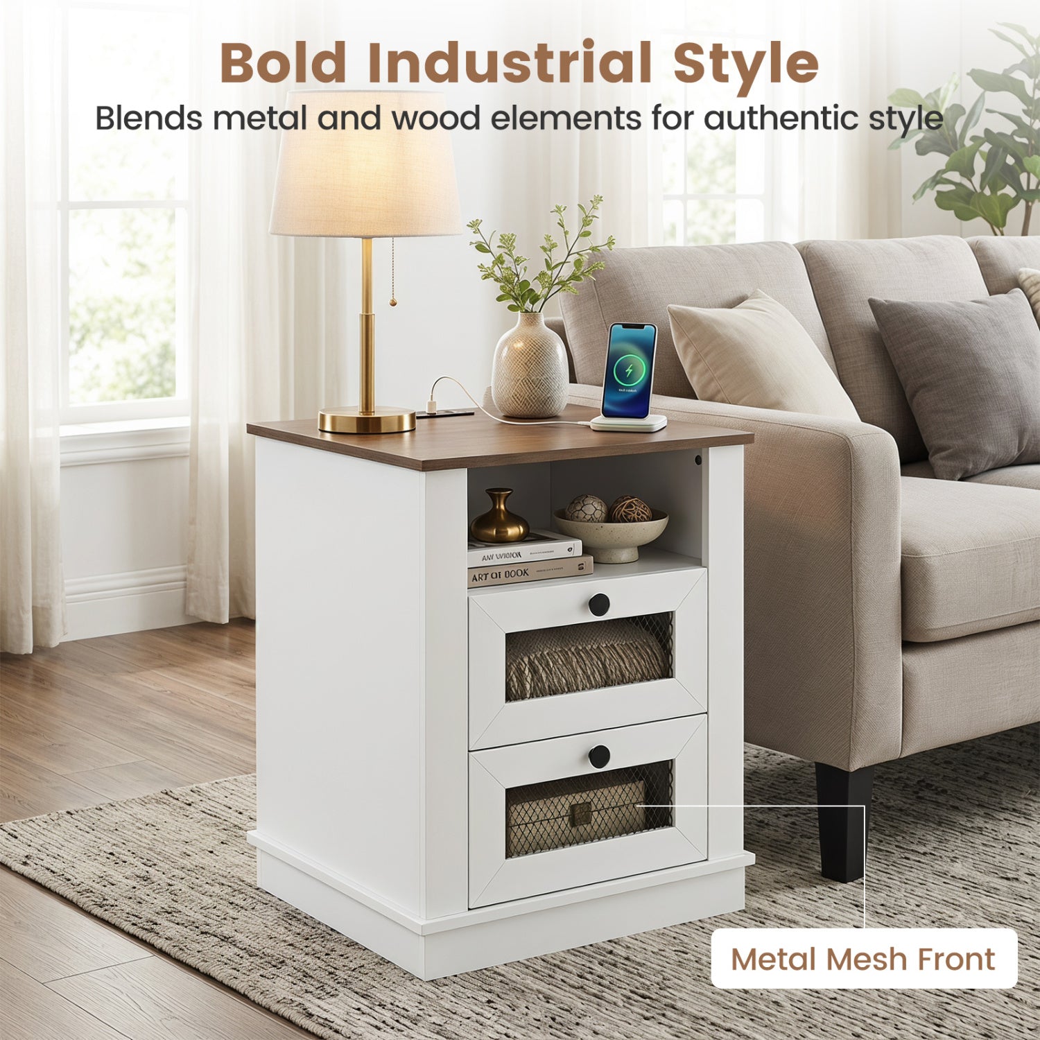 Nightstand with Charging Station and 2 Drawers Storage Compartment for Bedroom-Rustic Brown