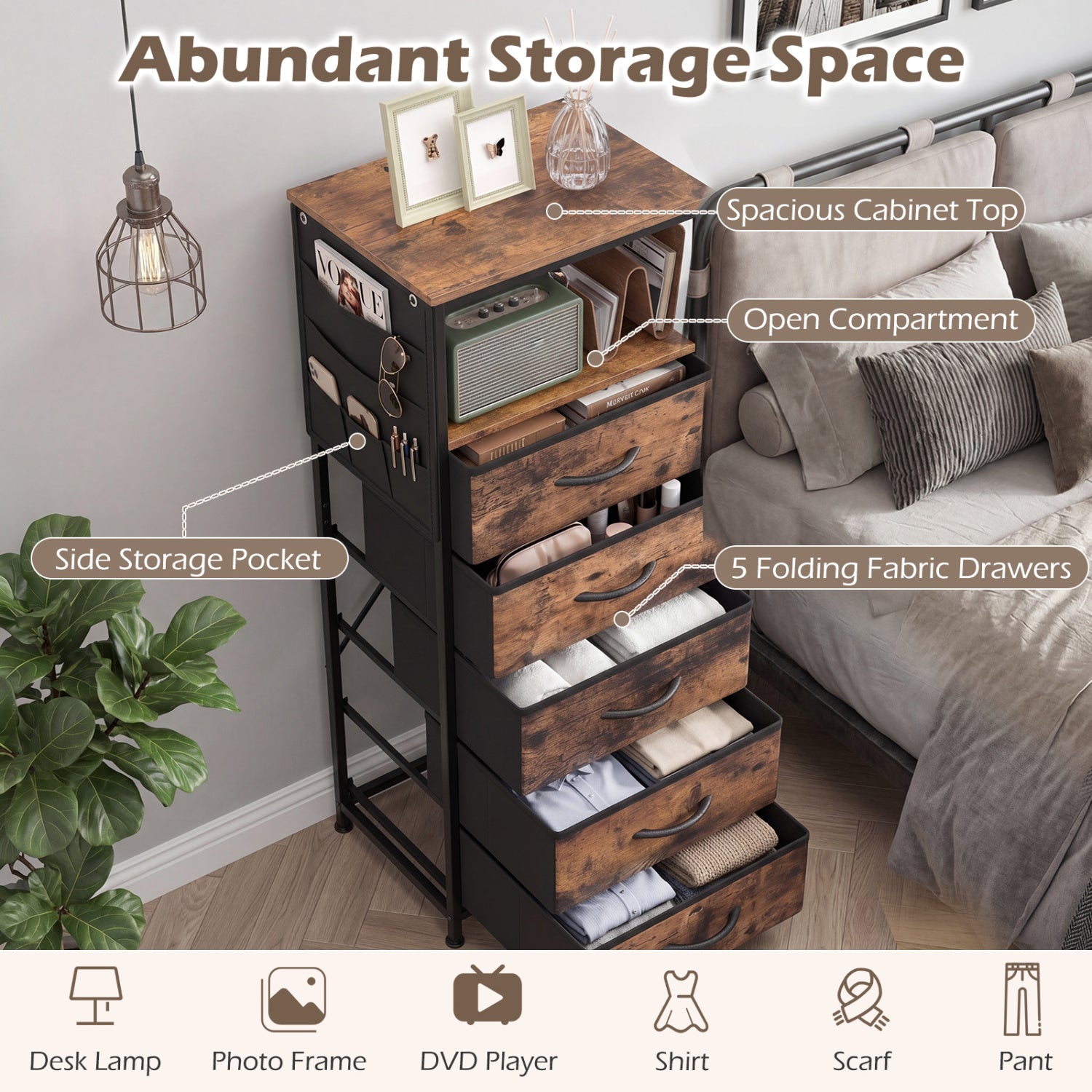 Nightstand with Integrated Charging Station 39 Inches Modern Bedside Table-Brown