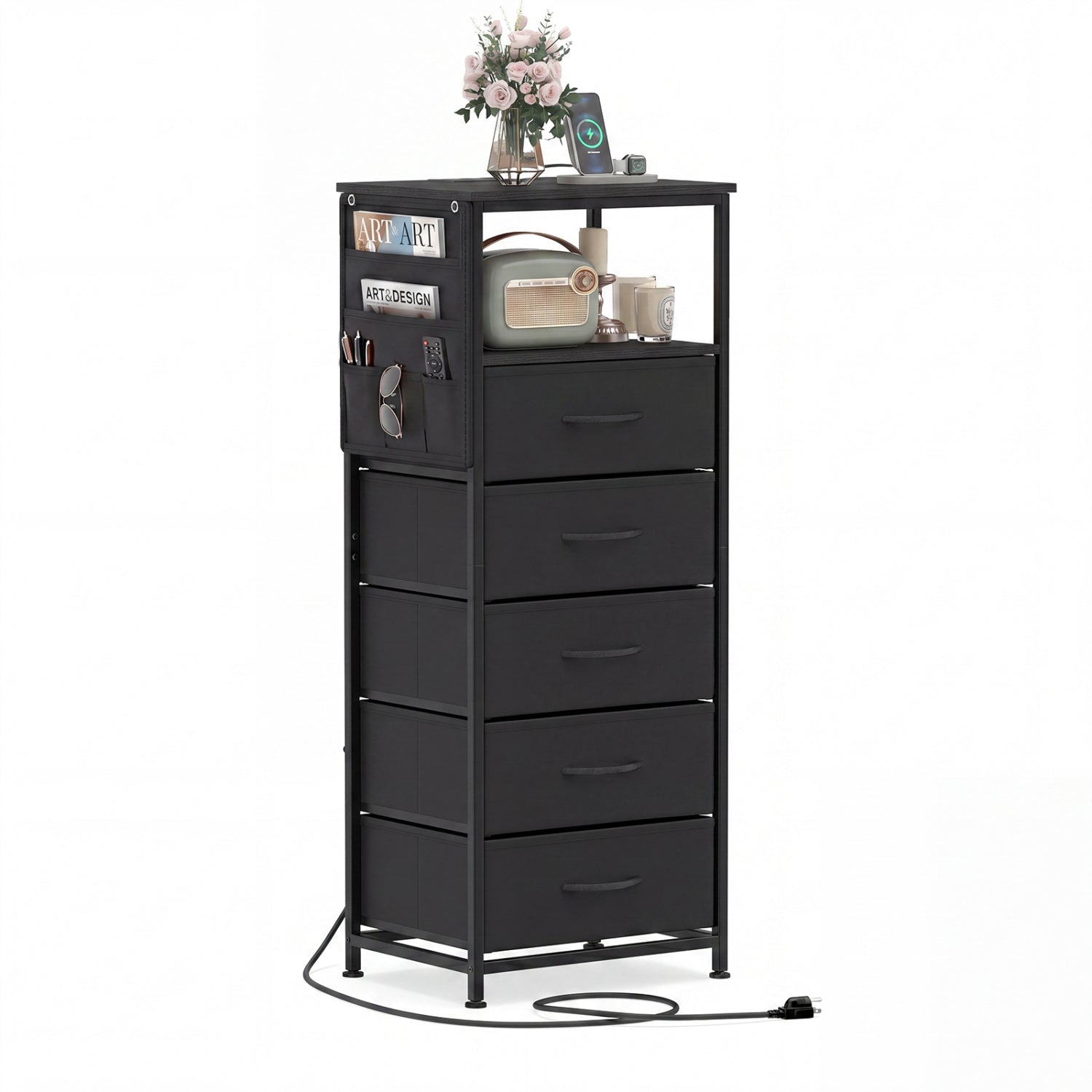 Nightstand with Integrated Charging Station 39 Inches Modern Bedside Table-Black