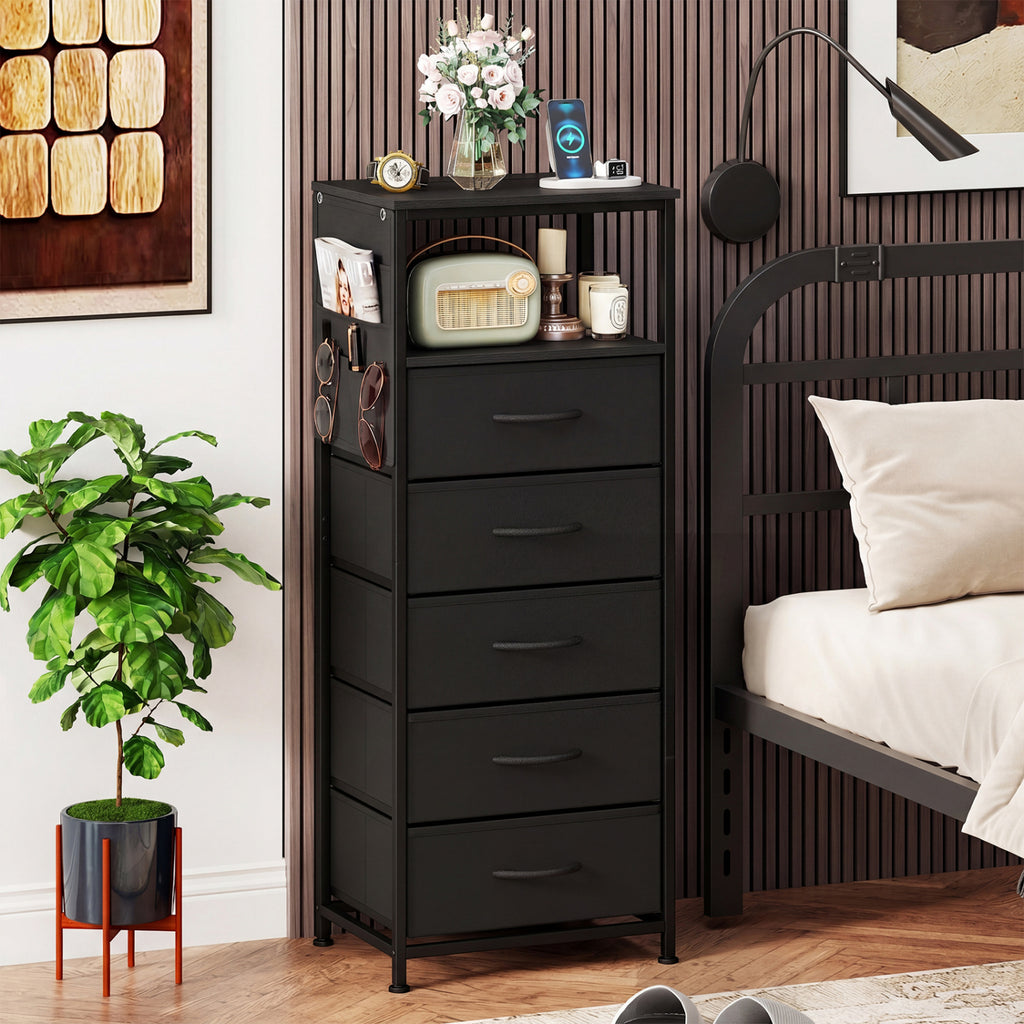 Nightstand with Integrated Charging Station 39 Inches Modern Bedside Table-Black