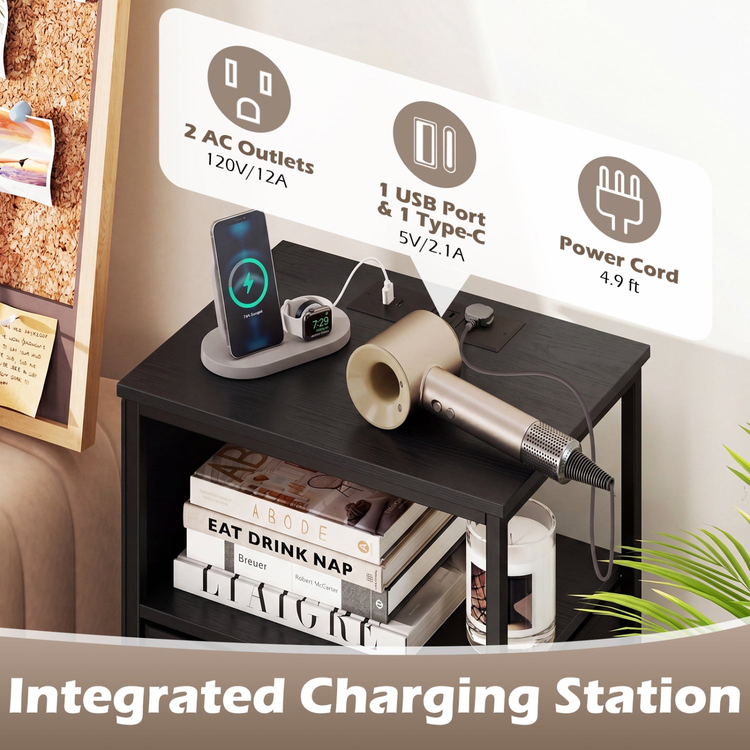 Nightstand with Integrated Charging Station 39 Inches Modern Bedside Table-Black