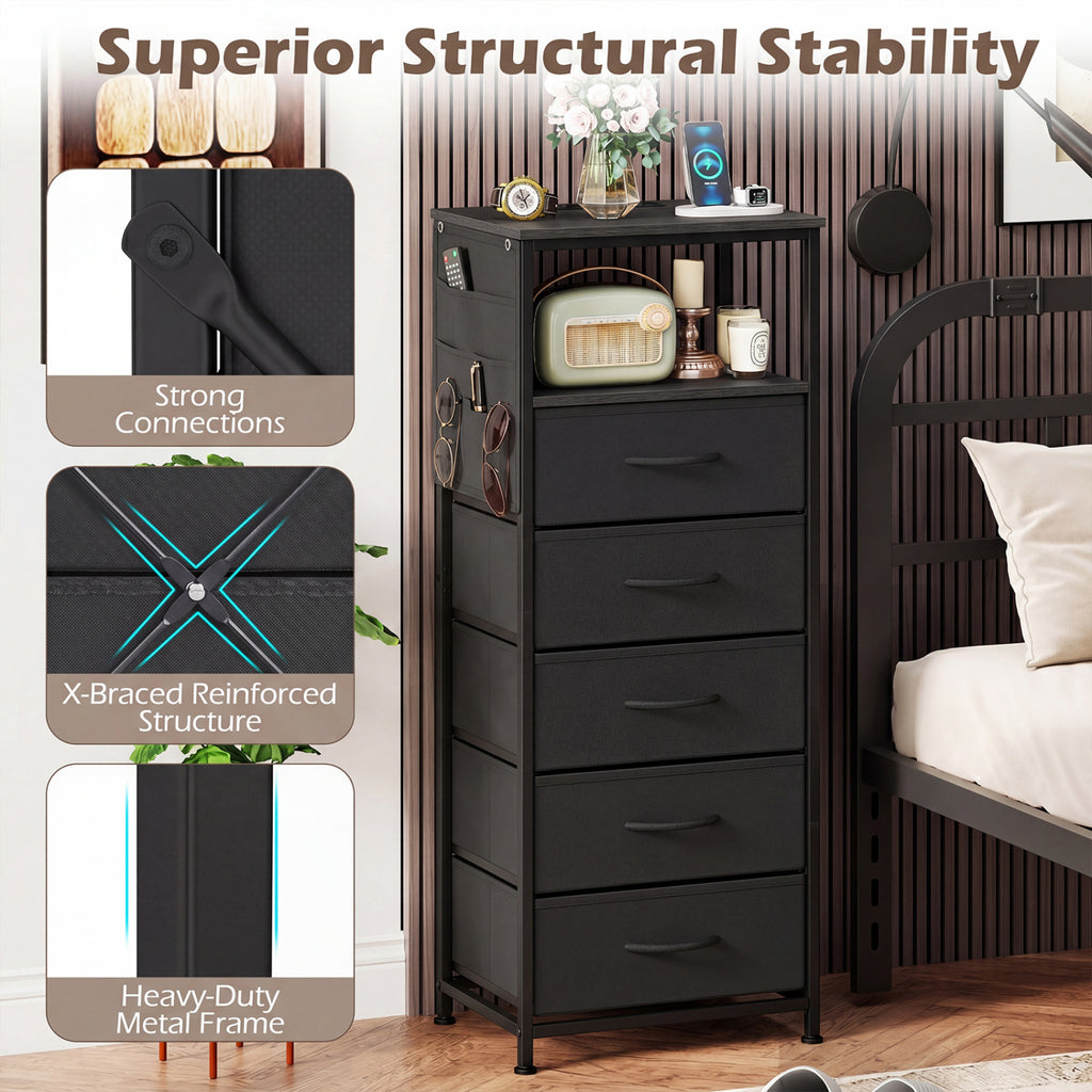 Nightstand with Integrated Charging Station 39 Inches Modern Bedside Table-Black