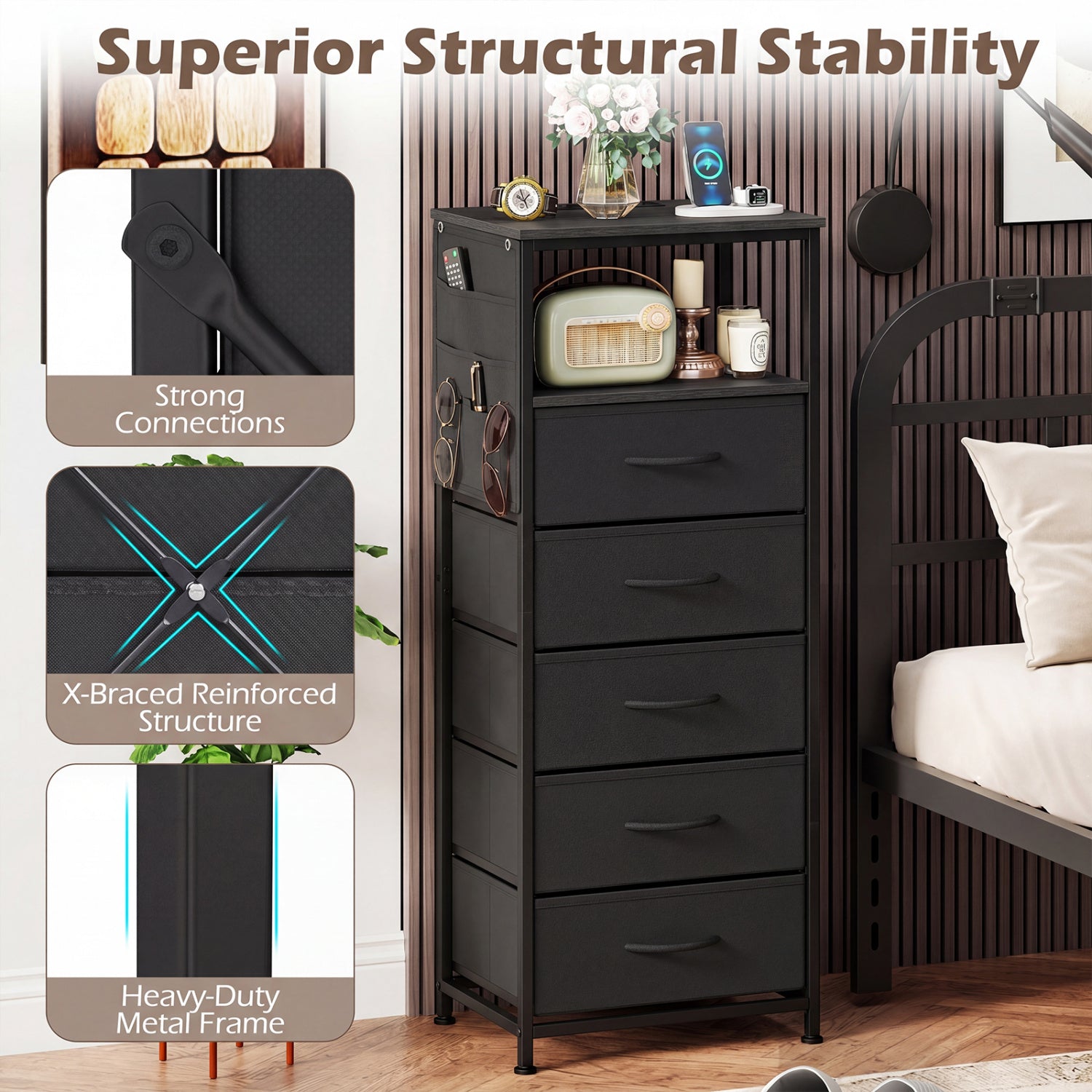 Nightstand with Integrated Charging Station 39 Inches Modern Bedside Table-Black
