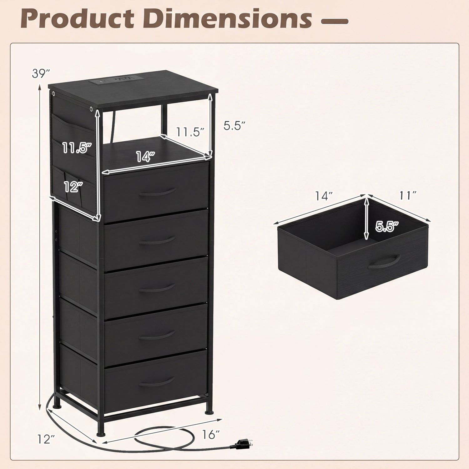 Nightstand with Integrated Charging Station 39 Inches Modern Bedside Table-Black
