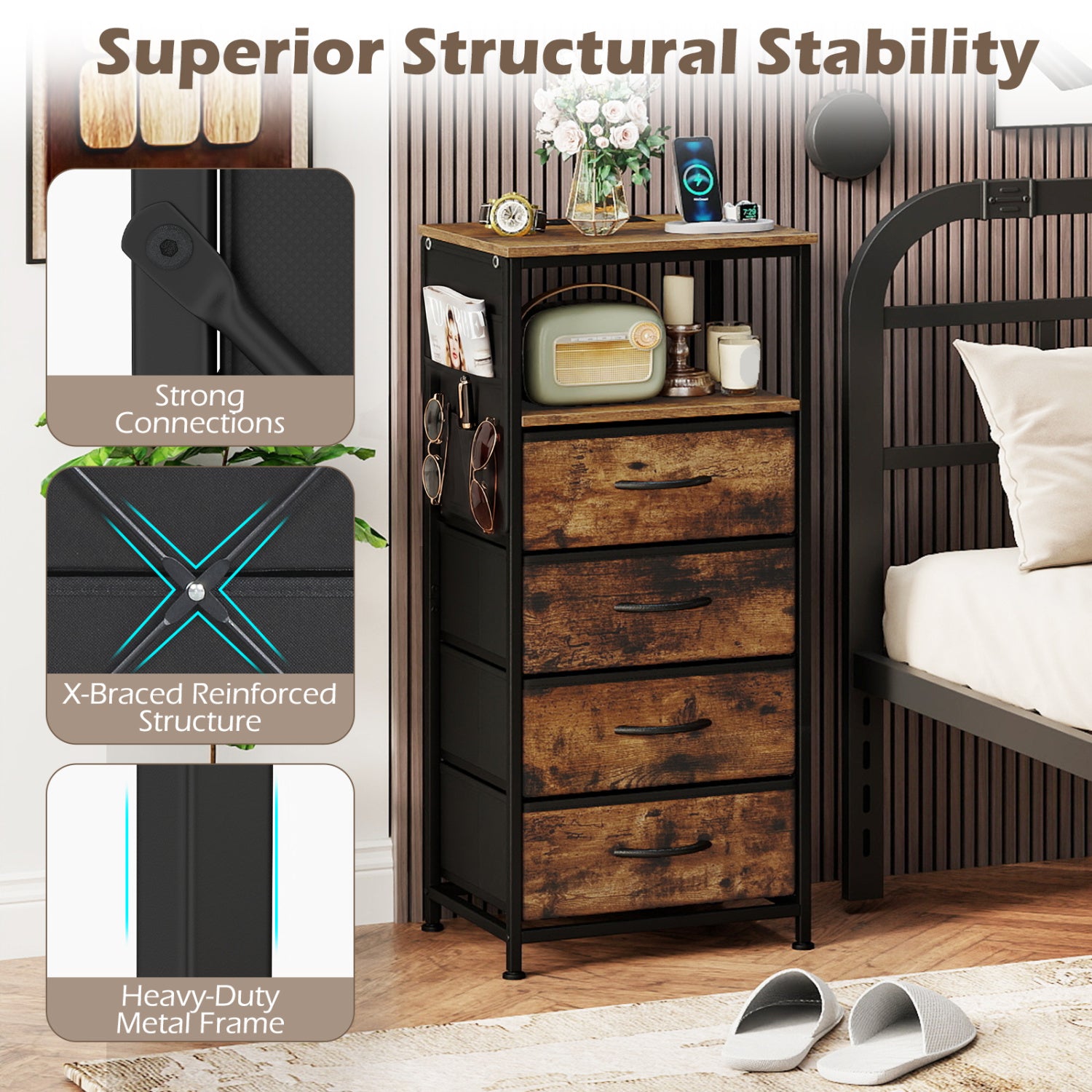 Nightstand with Integrated Charging Station 34" Modern Bedside Table-Rustic Brown