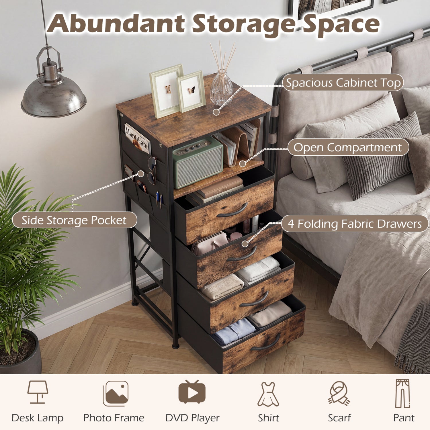 Nightstand with Integrated Charging Station 34" Modern Bedside Table-Rustic Brown