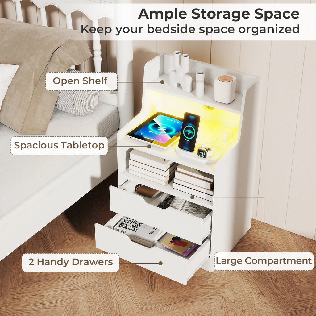 Nightstand with LED Light and Charging Station for Living Room Bedroom-White