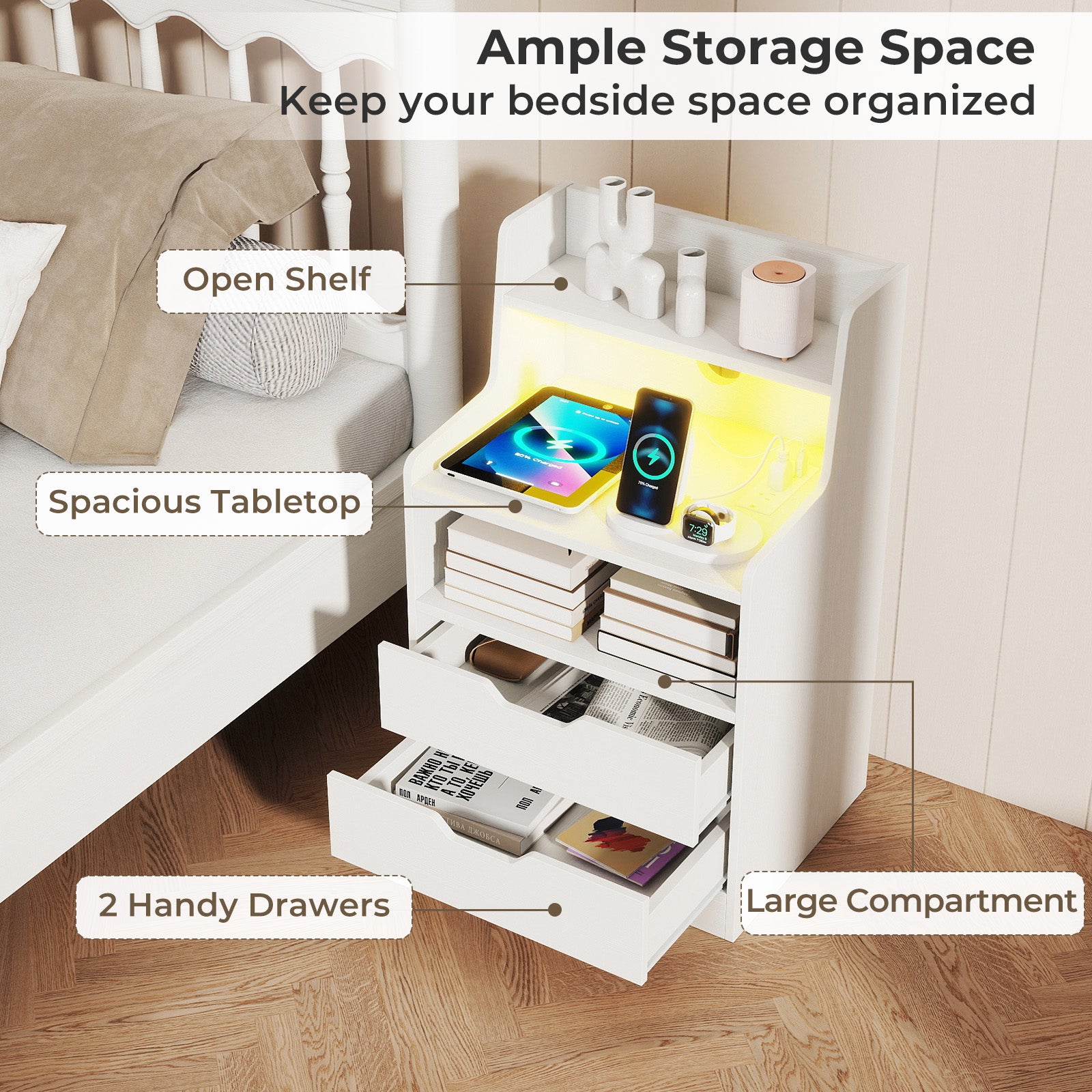 Nightstand with LED Light and Charging Station for Living Room Bedroom-White