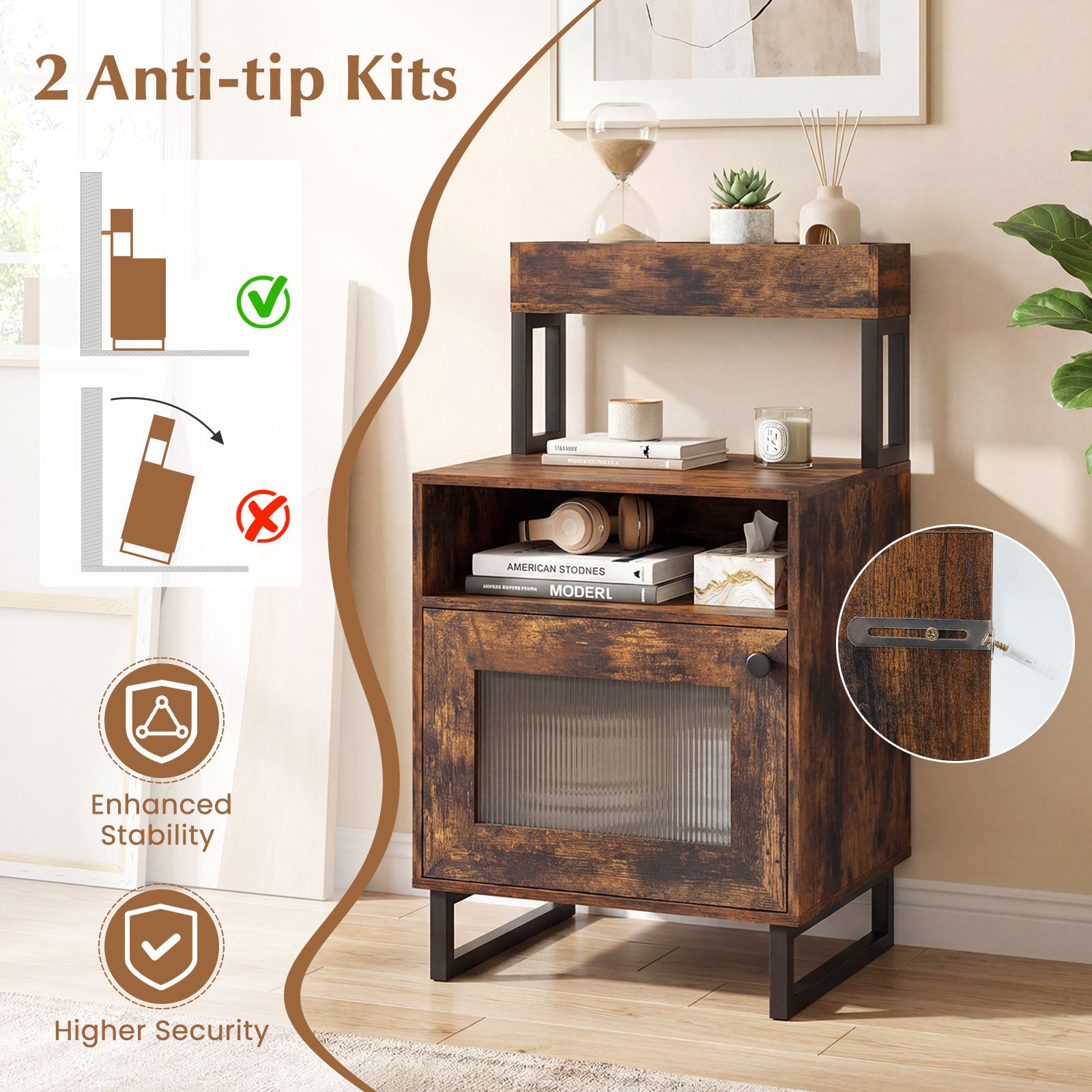 Nightstand with LED Lights Modern End Table with Top Tray Open Compartment and Storage Cabinet-Rustic Brown