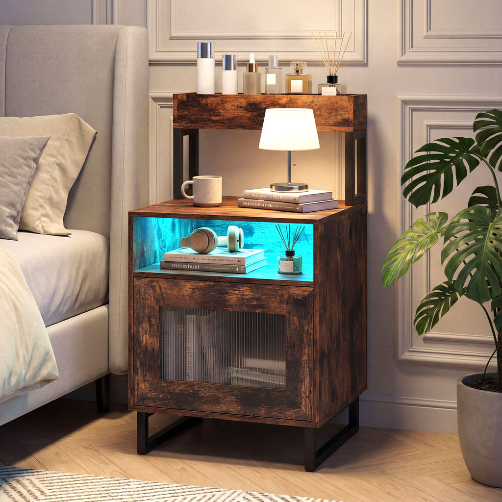 Nightstand with LED Lights Modern End Table with Top Tray Open Compartment and Storage Cabinet-Rustic Brown