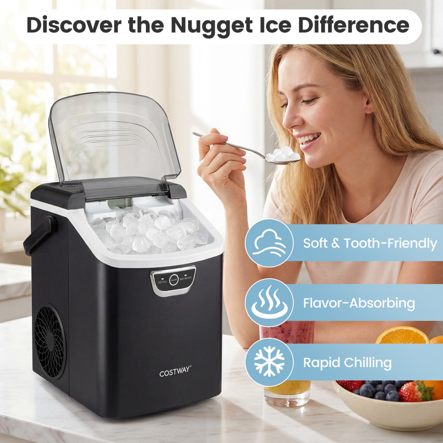 Nugget Ice Maker Countertop with Audible Ice Full Alarm-Black