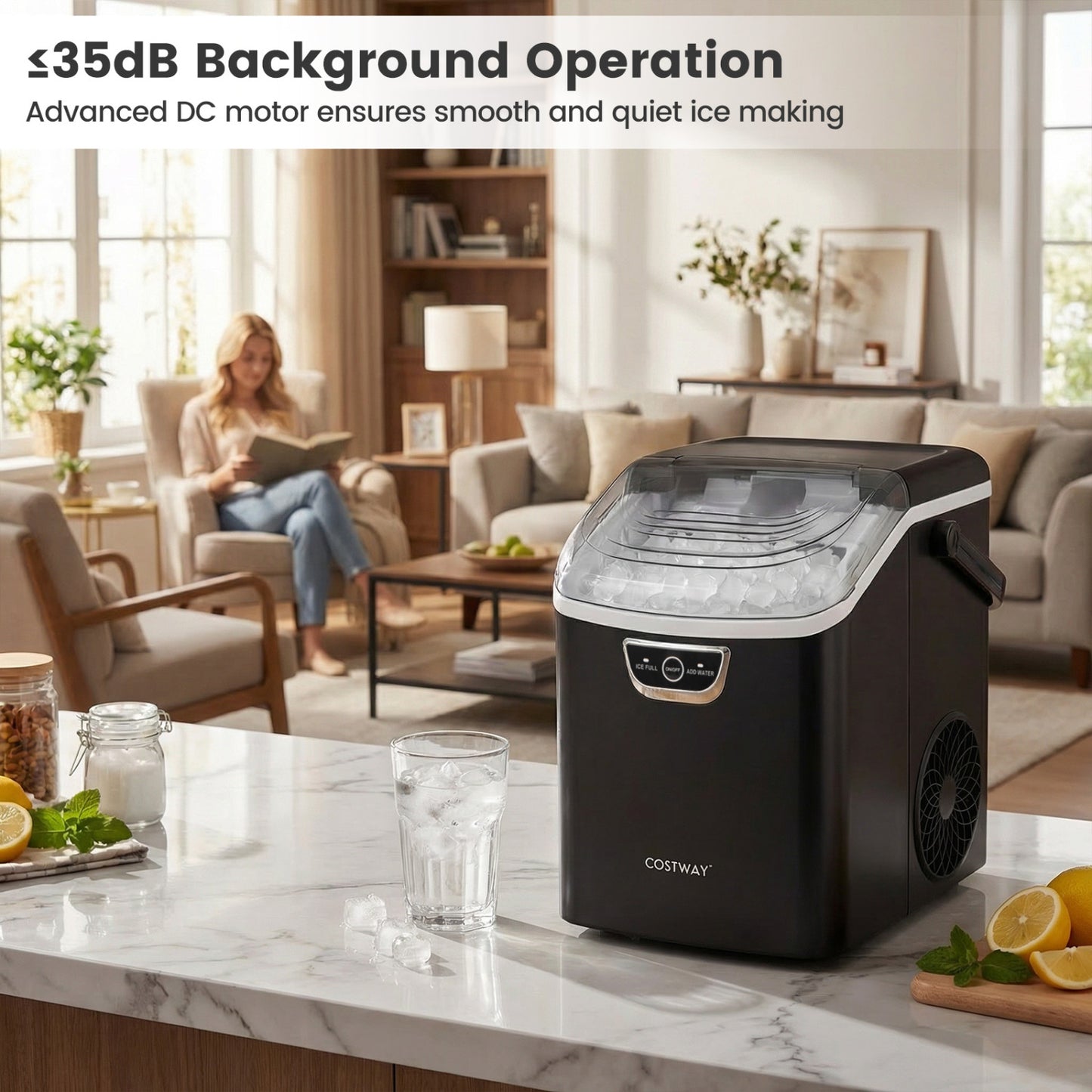 Nugget Ice Maker Countertop with Audible Ice Full Alarm-Black