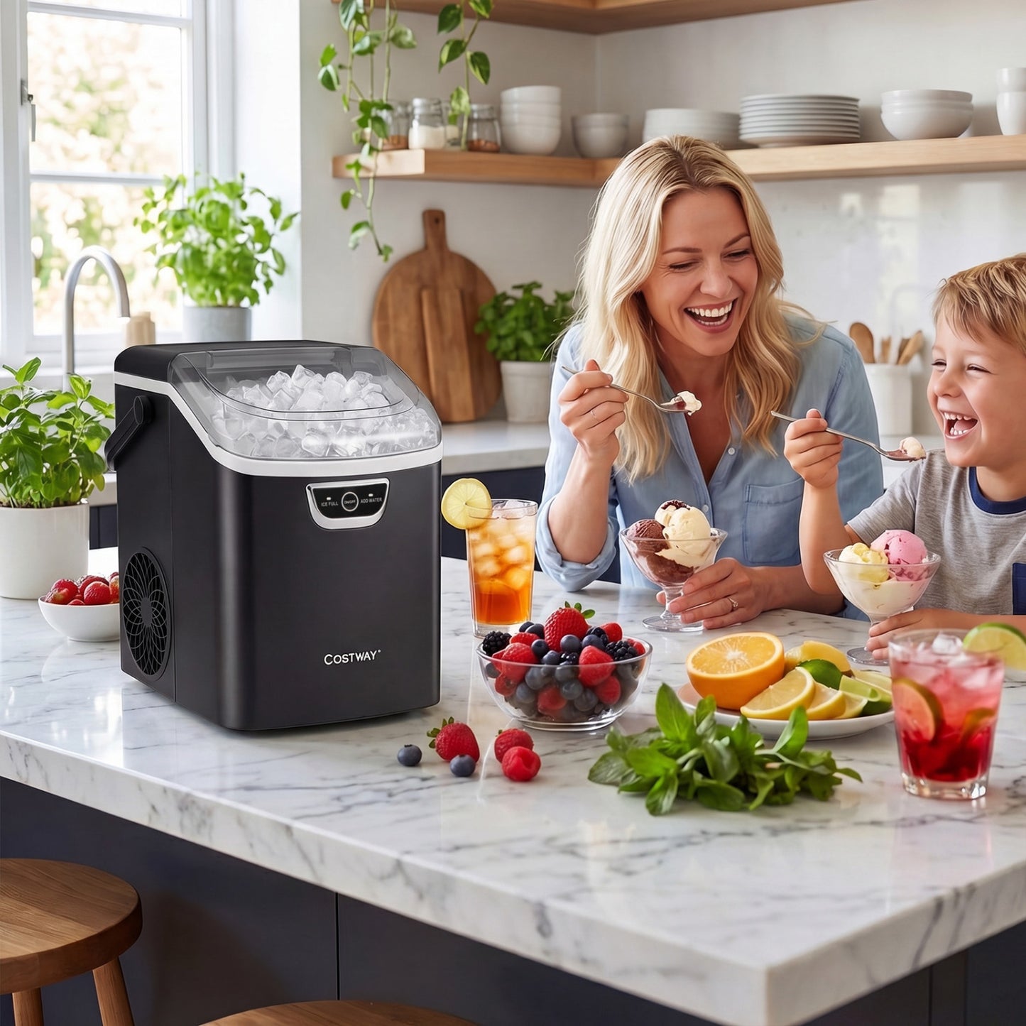 Nugget Ice Maker Countertop with Audible Ice Full Alarm-Black