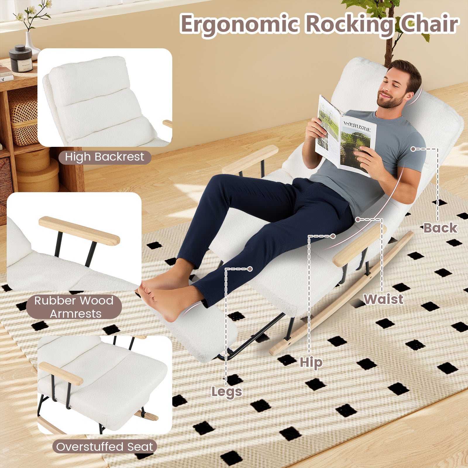 Nursery Rocking Chair Teddy Velvet Upholstered Rocking Chair-White