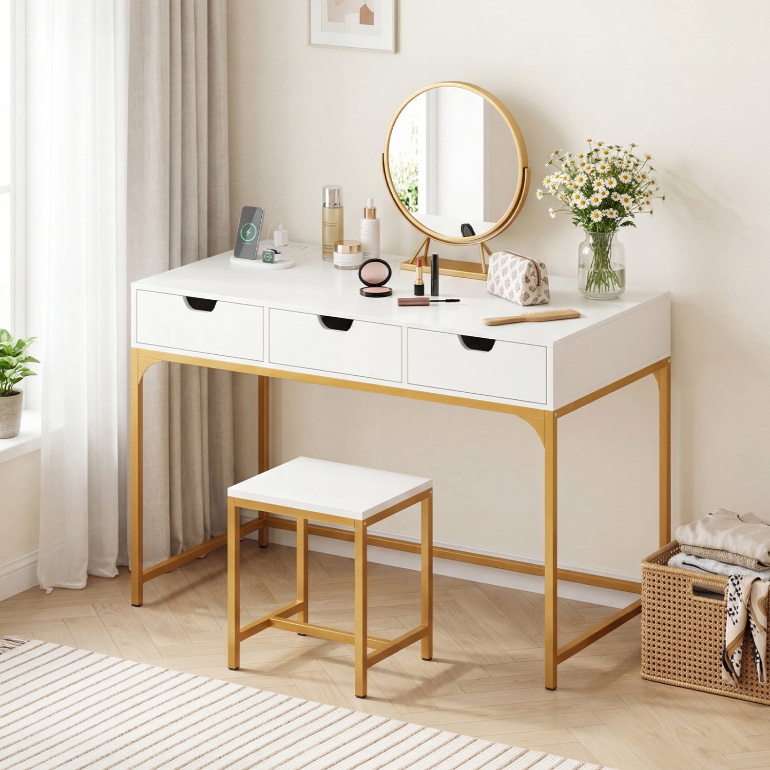Office Desk with Power Outlets and Hidden Compartment for Study-White