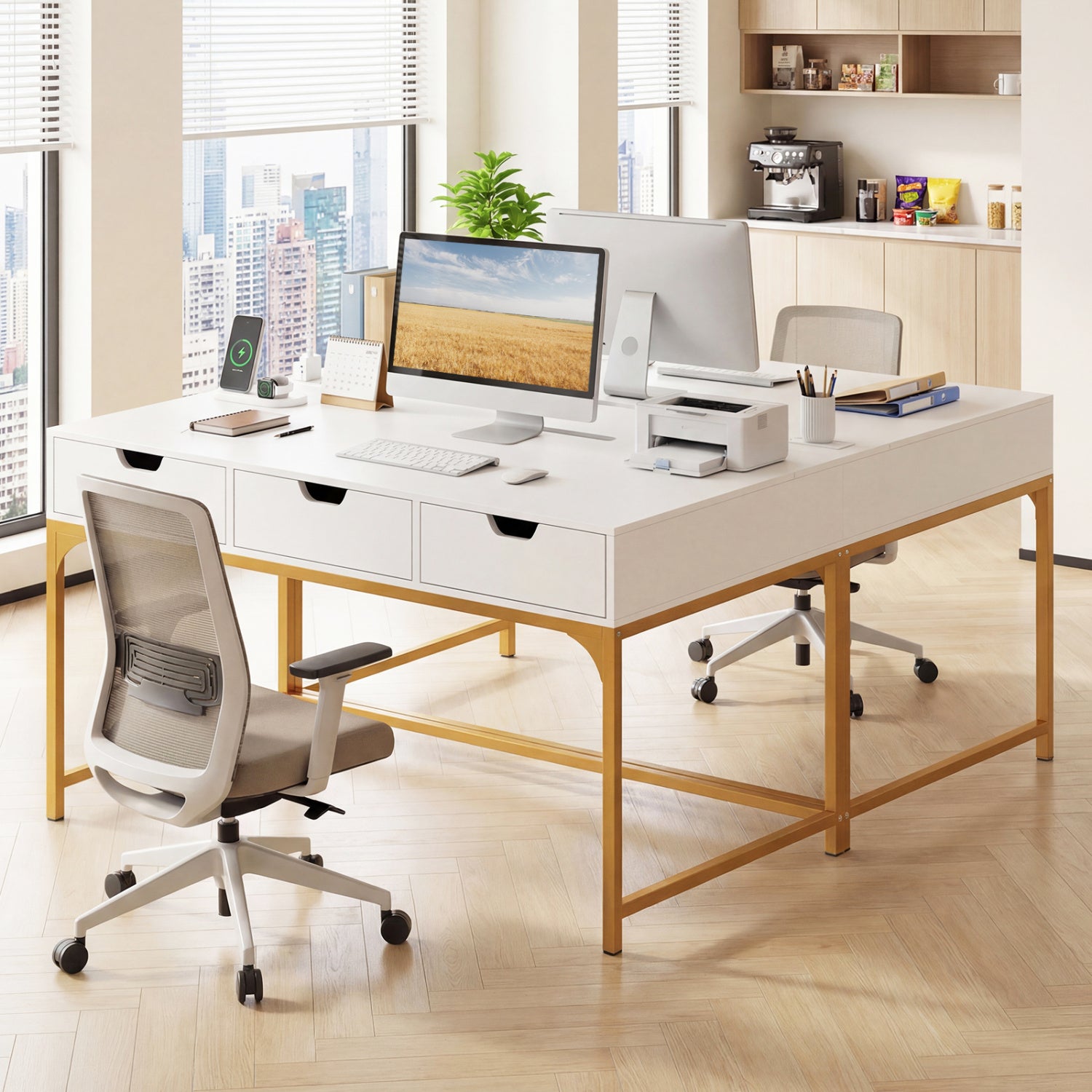 Office Desk with Power Outlets and Hidden Compartment for Study-White