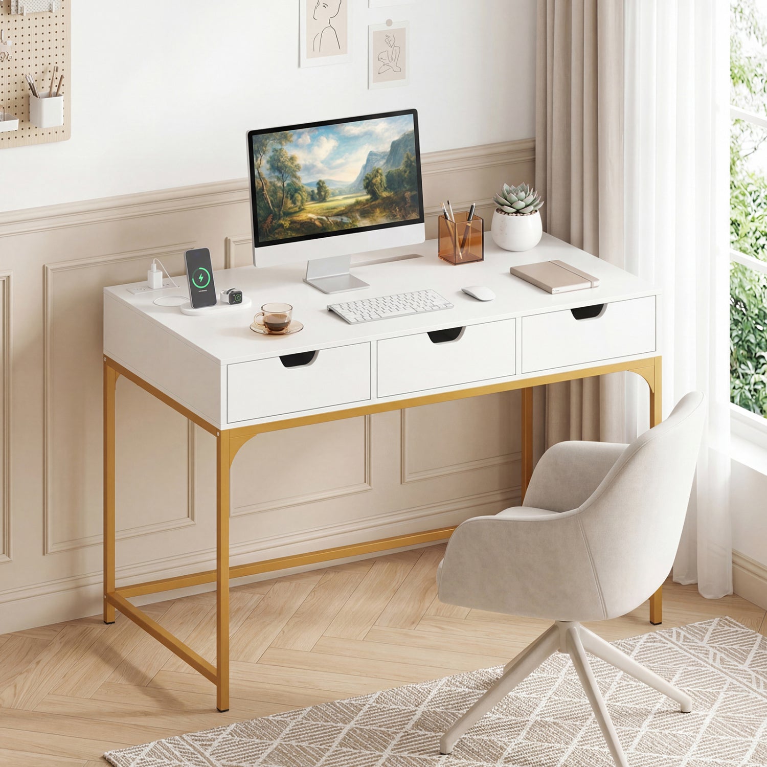 Office Desk with Power Outlets and Hidden Compartment for Study-White