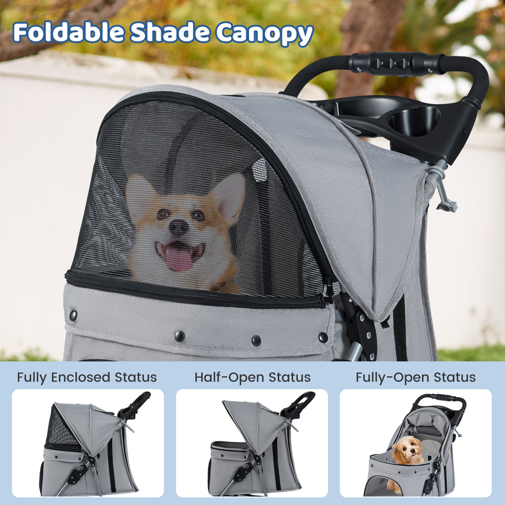 One-Click Folding Pet Stroller Lightweight Cat Strolling Cart with Adjustable Canopy-Gray