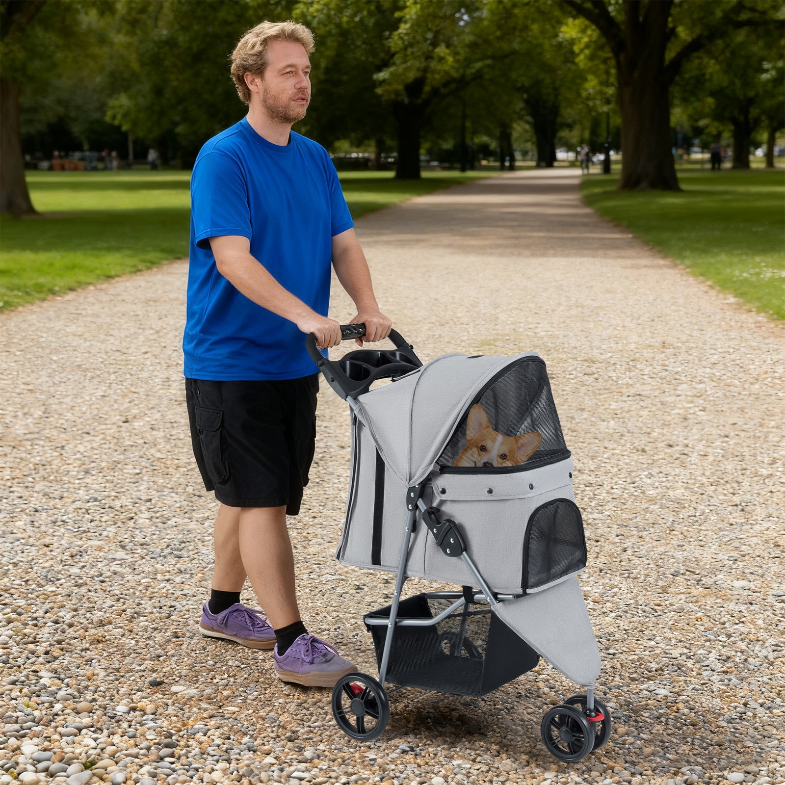 One-Click Folding Pet Stroller Lightweight Cat Strolling Cart with Adjustable Canopy-Gray