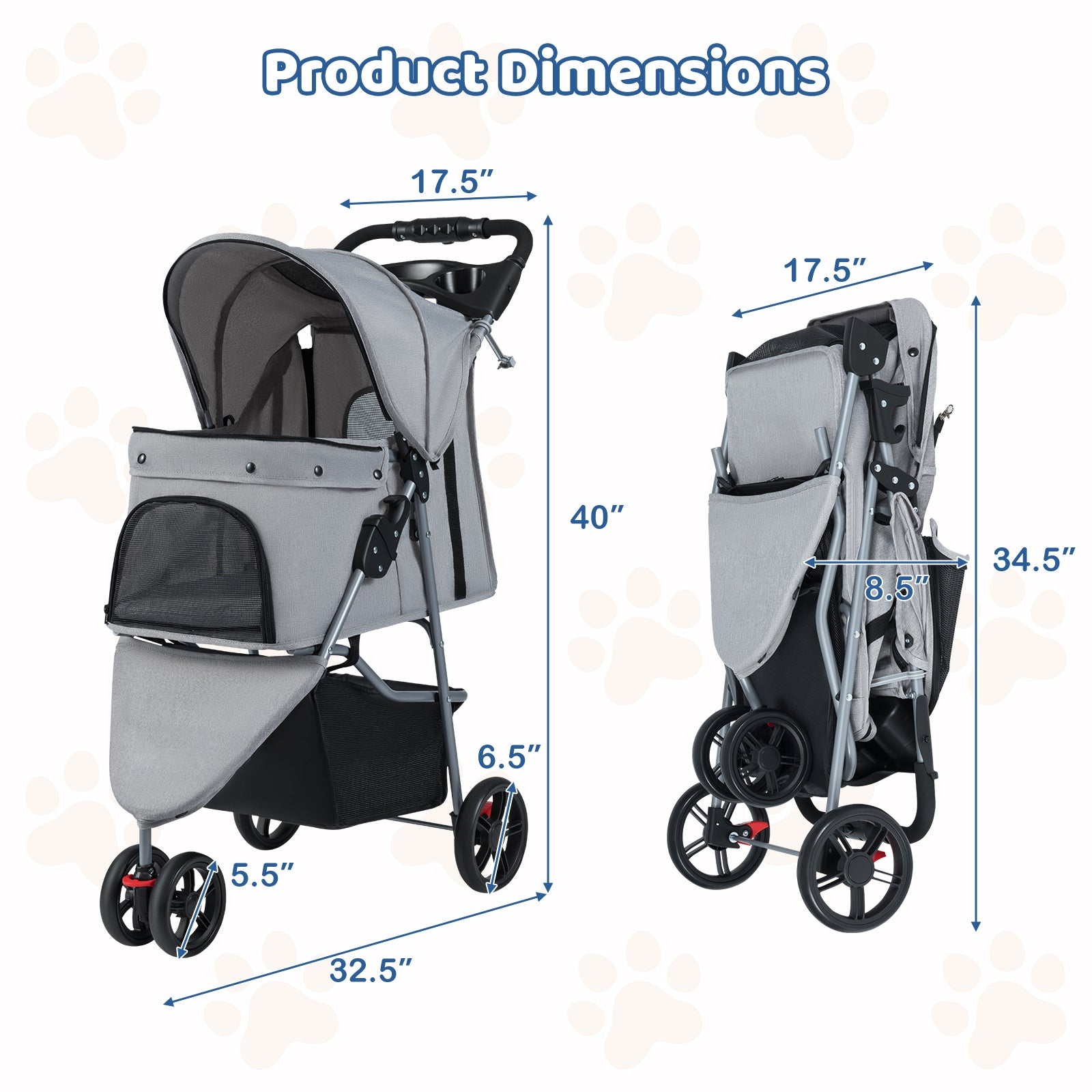 One-Click Folding Pet Stroller Lightweight Cat Strolling Cart with Adjustable Canopy-Gray