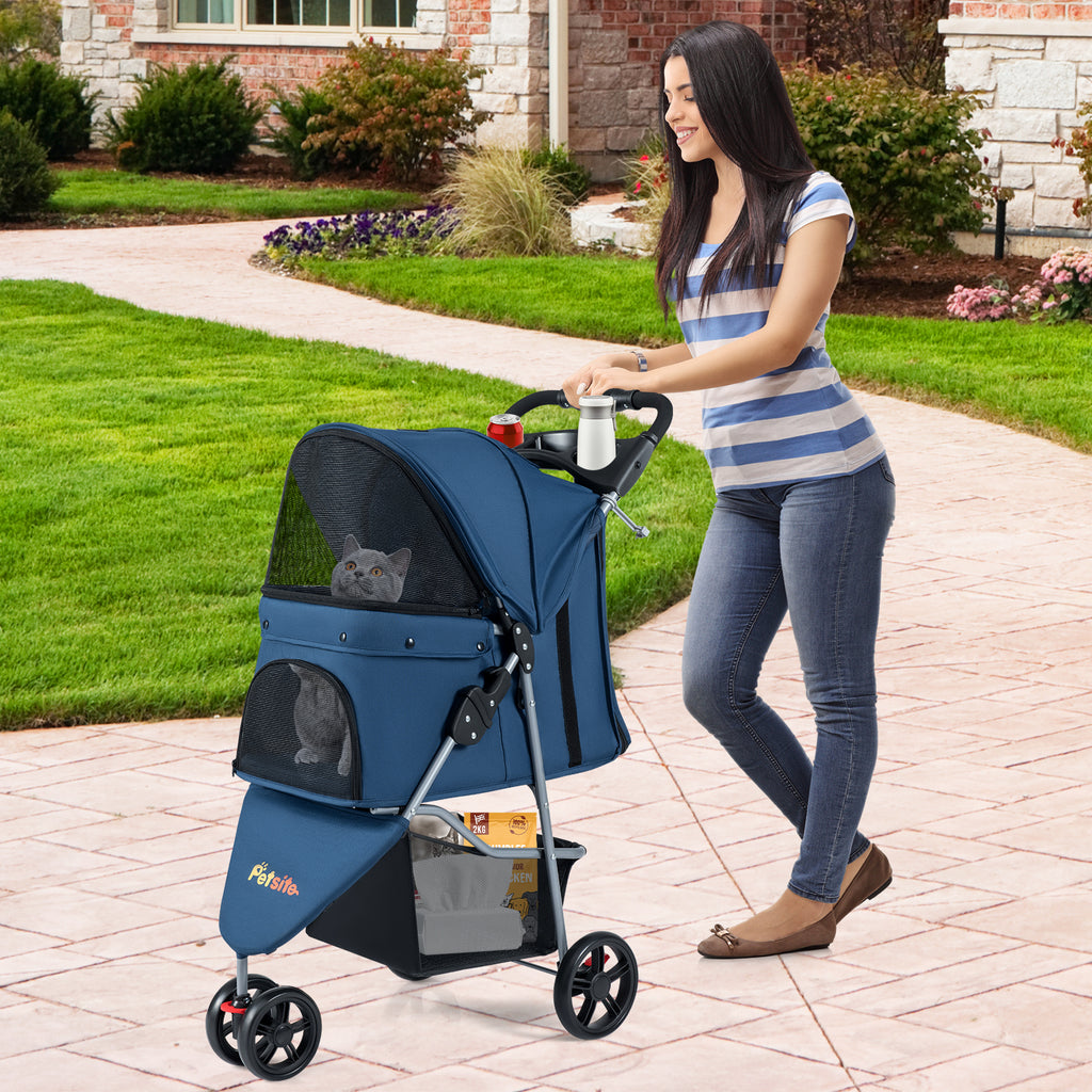 One-Click Folding Pet Stroller Lightweight Cat Strolling Cart with Adjustable Canopy-Navy