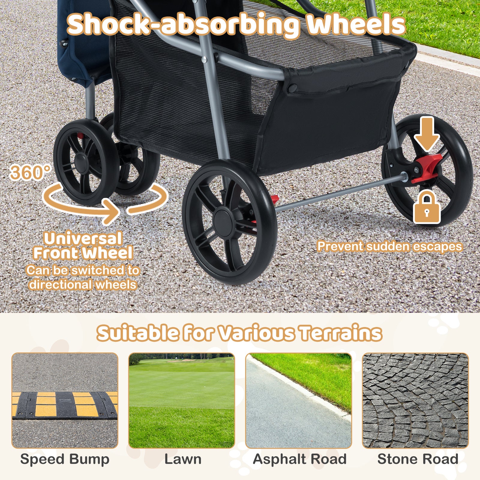 One-Click Folding Pet Stroller Lightweight Cat Strolling Cart with Adjustable Canopy-Navy