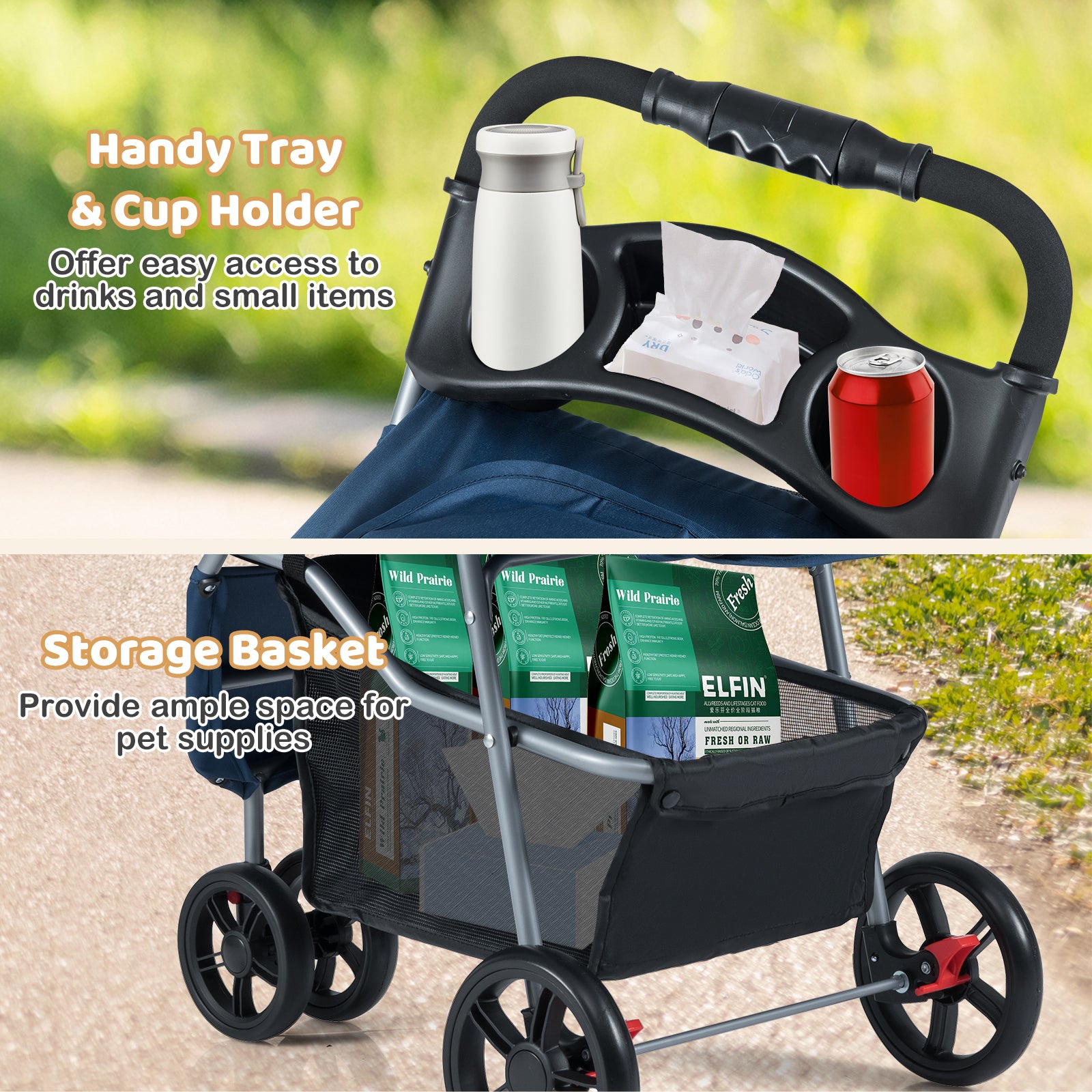 One-Click Folding Pet Stroller Lightweight Cat Strolling Cart with Adjustable Canopy-Navy