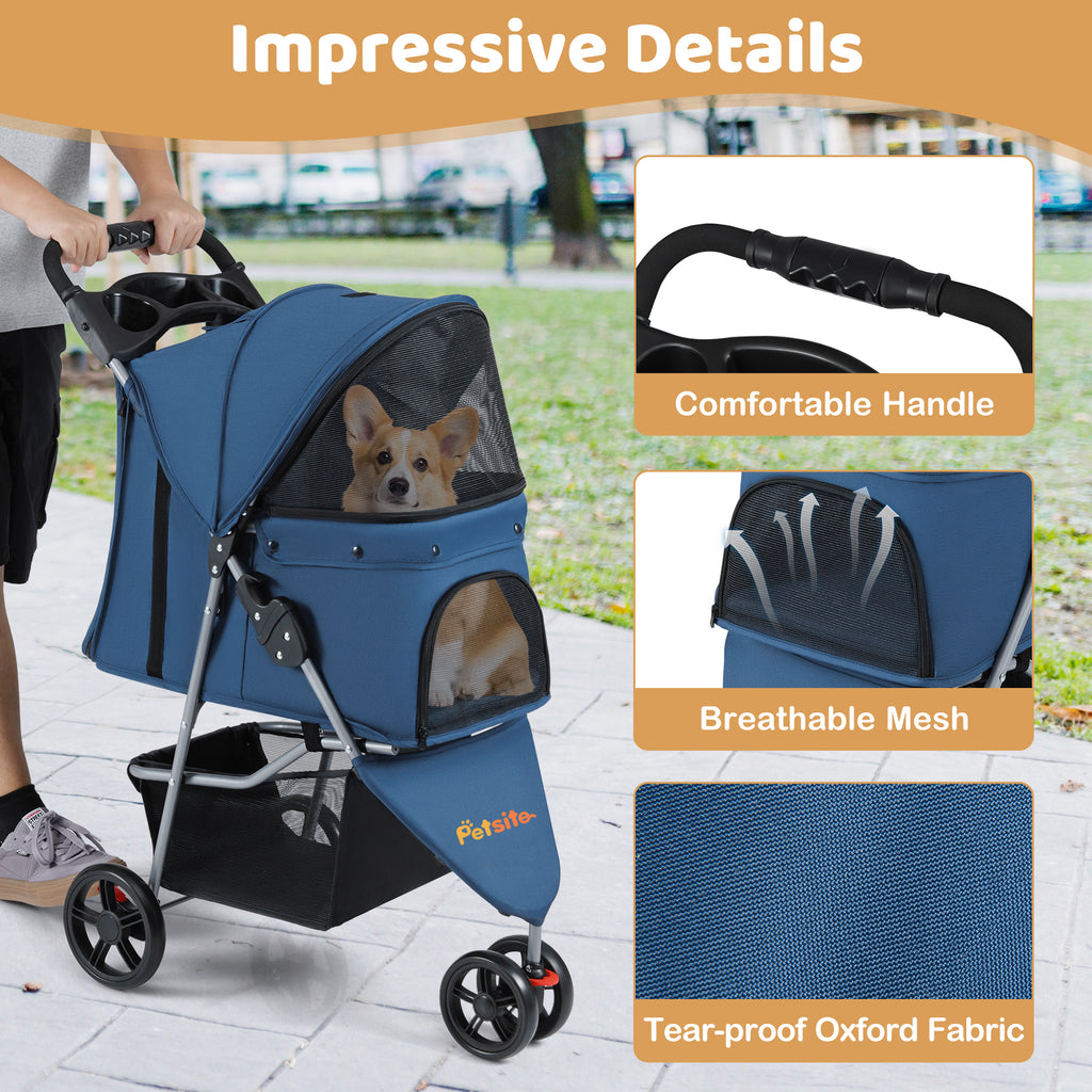 One-Click Folding Pet Stroller Lightweight Cat Strolling Cart with Adjustable Canopy-Navy