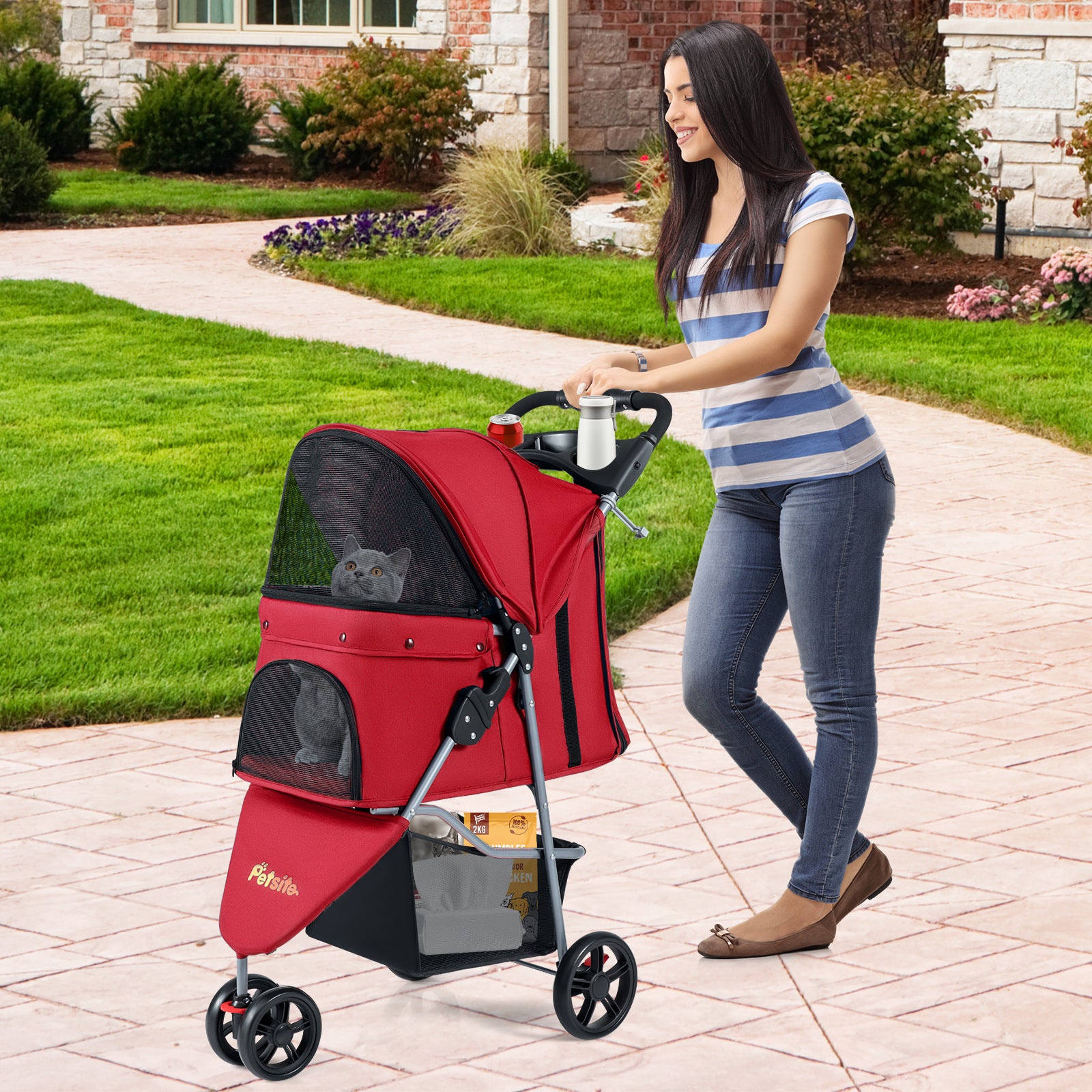 One-Click Folding Pet Stroller Lightweight Cat Strolling Cart with Adjustable Canopy-Red