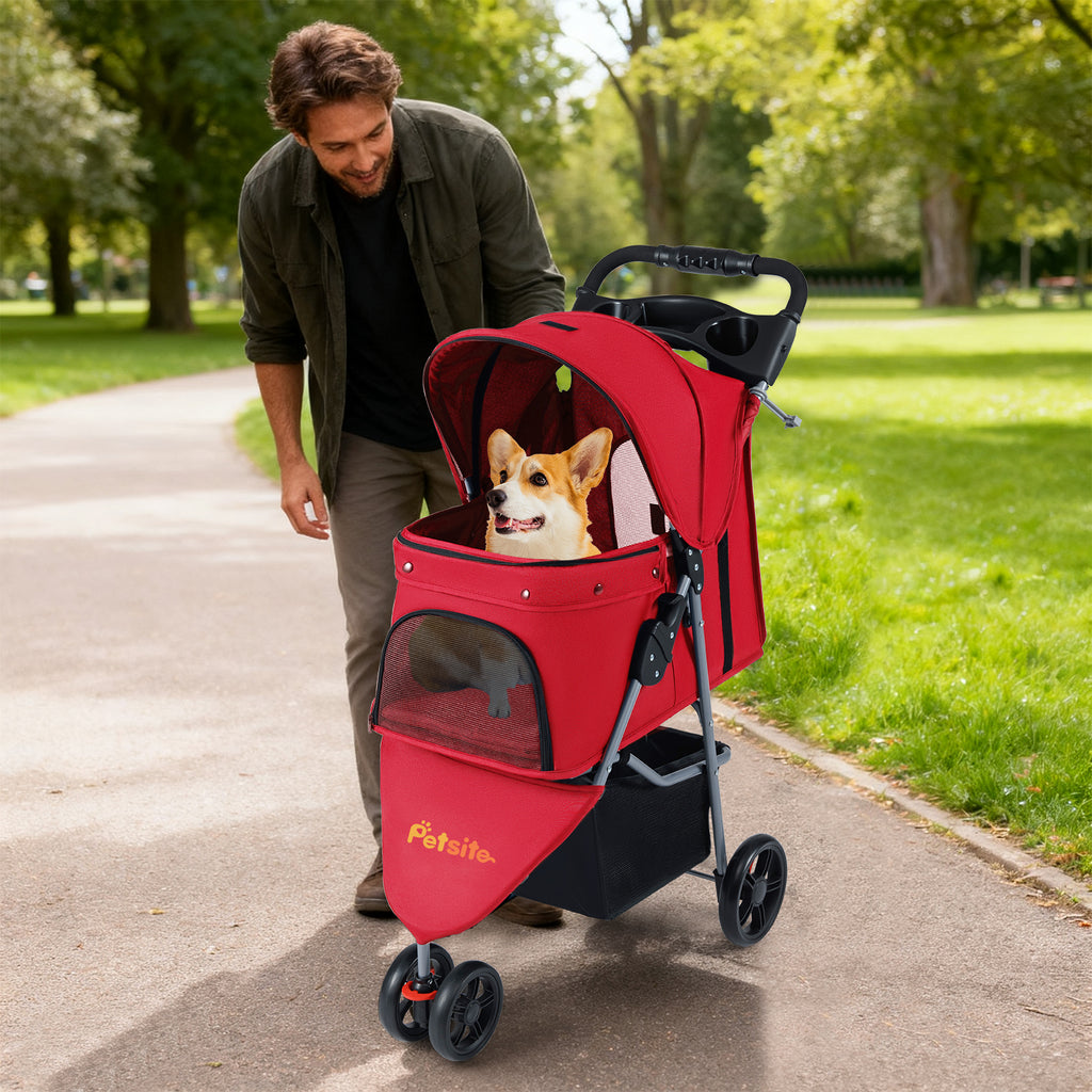 One-Click Folding Pet Stroller Lightweight Cat Strolling Cart with Adjustable Canopy-Red
