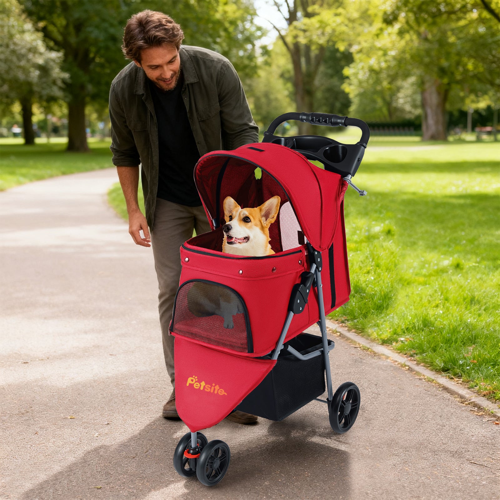 One-Click Folding Pet Stroller Lightweight Cat Strolling Cart with Adjustable Canopy-Red