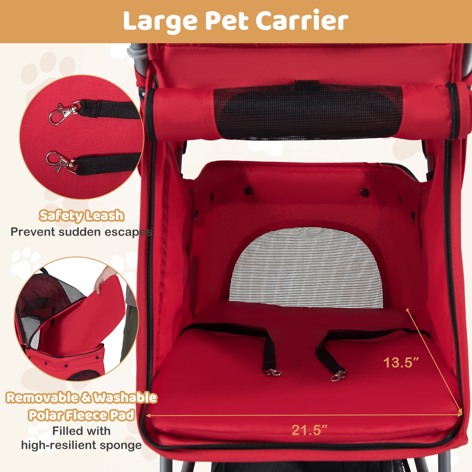 One-Click Folding Pet Stroller Lightweight Cat Strolling Cart with Adjustable Canopy-Red