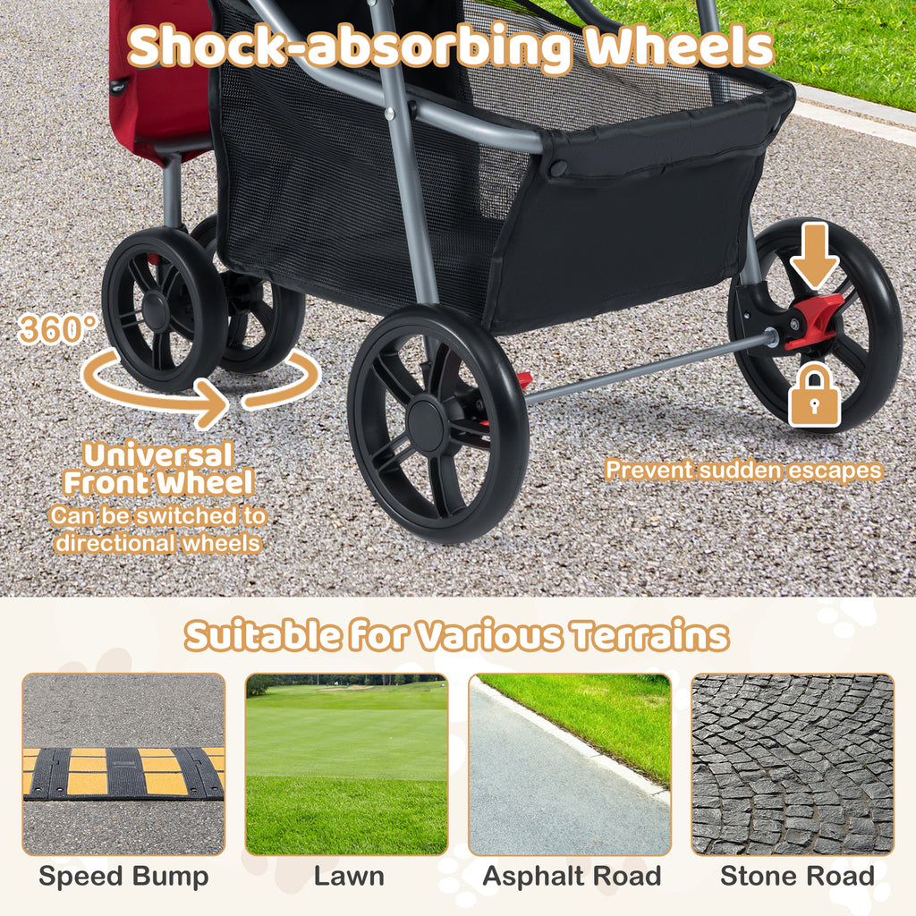 One-Click Folding Pet Stroller Lightweight Cat Strolling Cart with Adjustable Canopy-Red