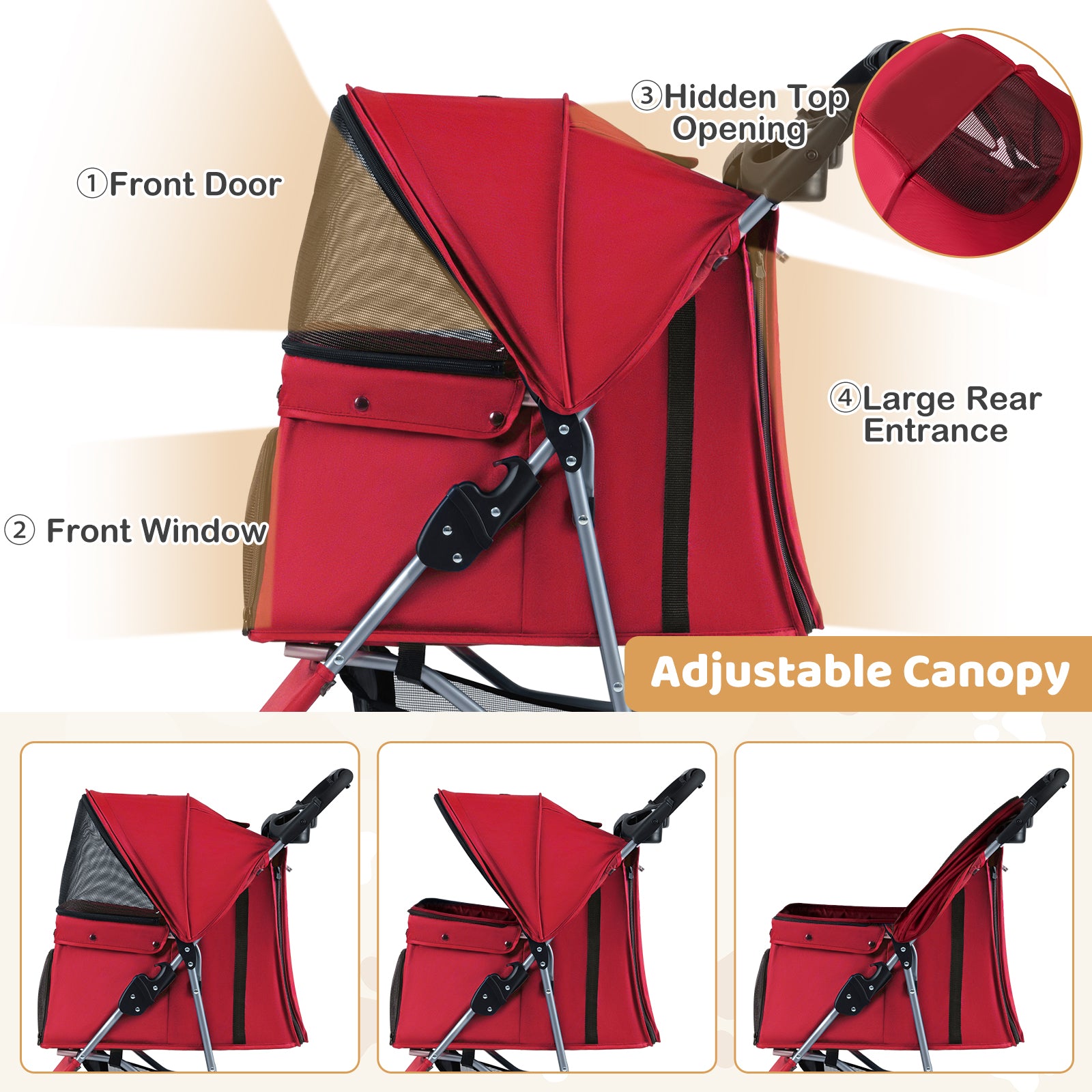 One-Click Folding Pet Stroller Lightweight Cat Strolling Cart with Adjustable Canopy-Red