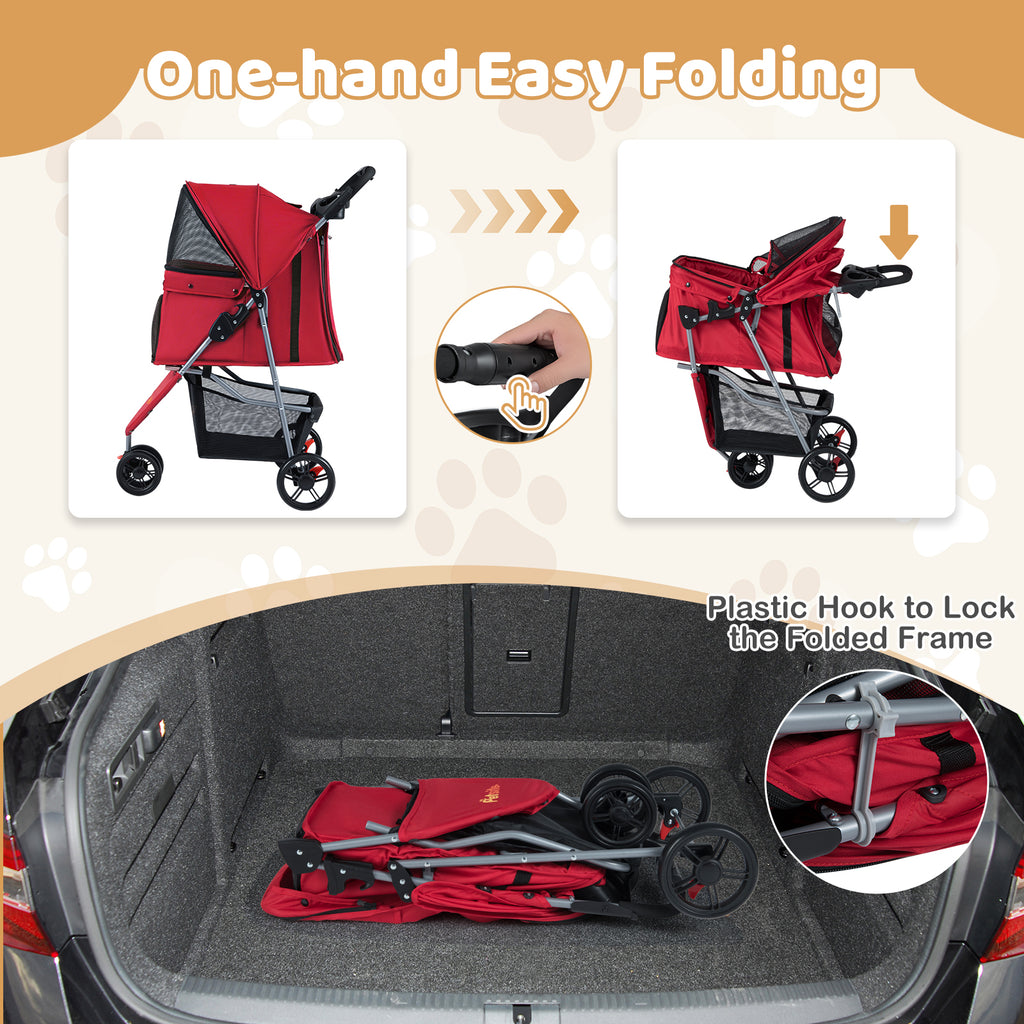One-Click Folding Pet Stroller Lightweight Cat Strolling Cart with Adjustable Canopy-Red