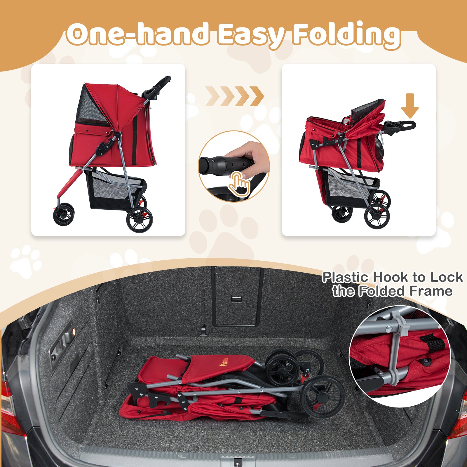 One-Click Folding Pet Stroller Lightweight Cat Strolling Cart with Adjustable Canopy-Red