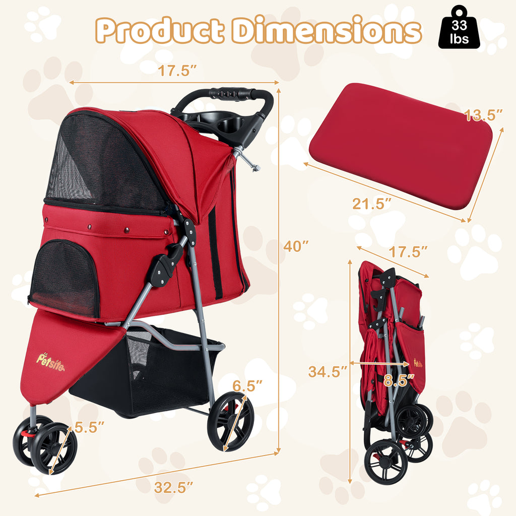 One-Click Folding Pet Stroller Lightweight Cat Strolling Cart with Adjustable Canopy-Red