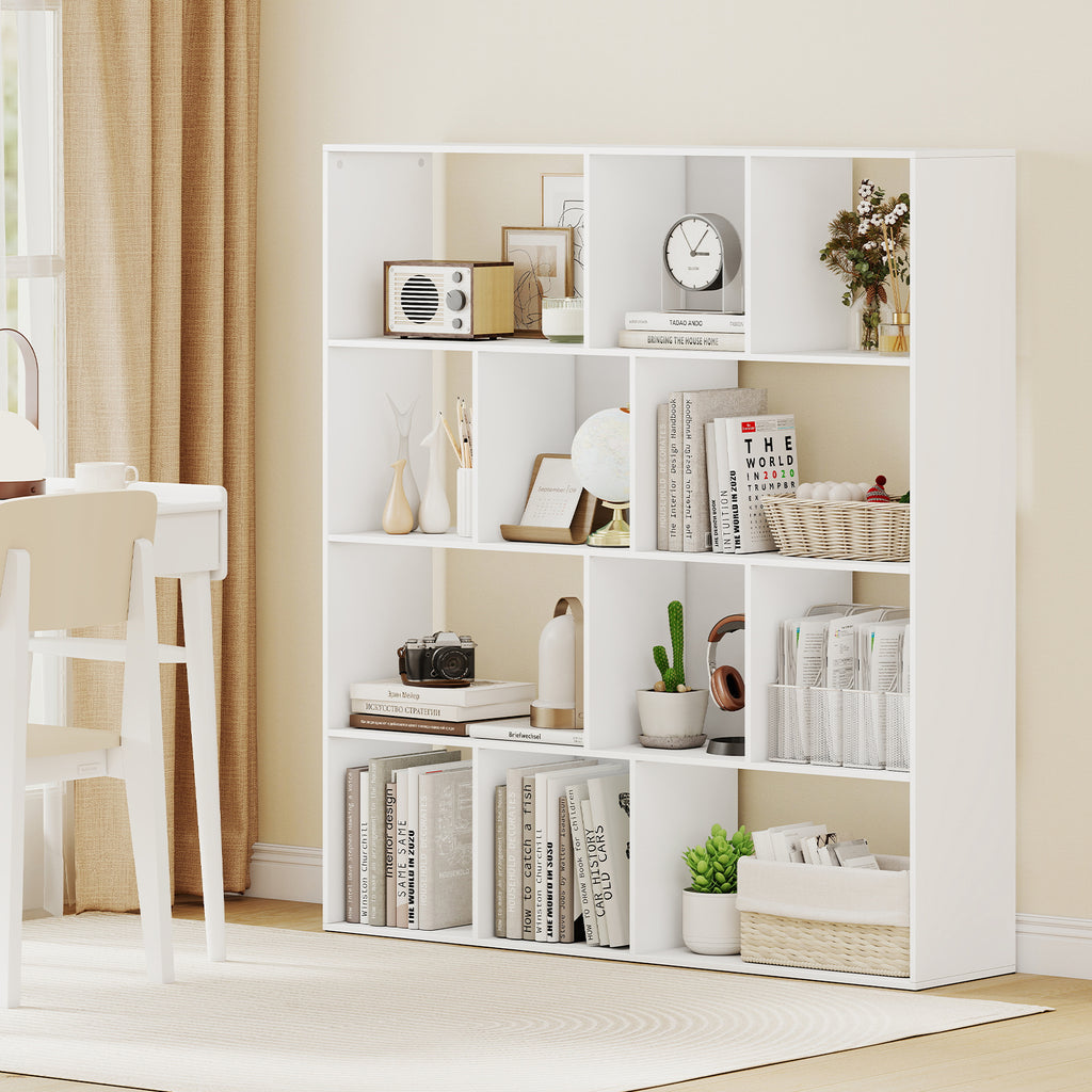 Open Shelf Bookcase 4-Tier Modern Bookshelf with 12 Storage Compartments-White