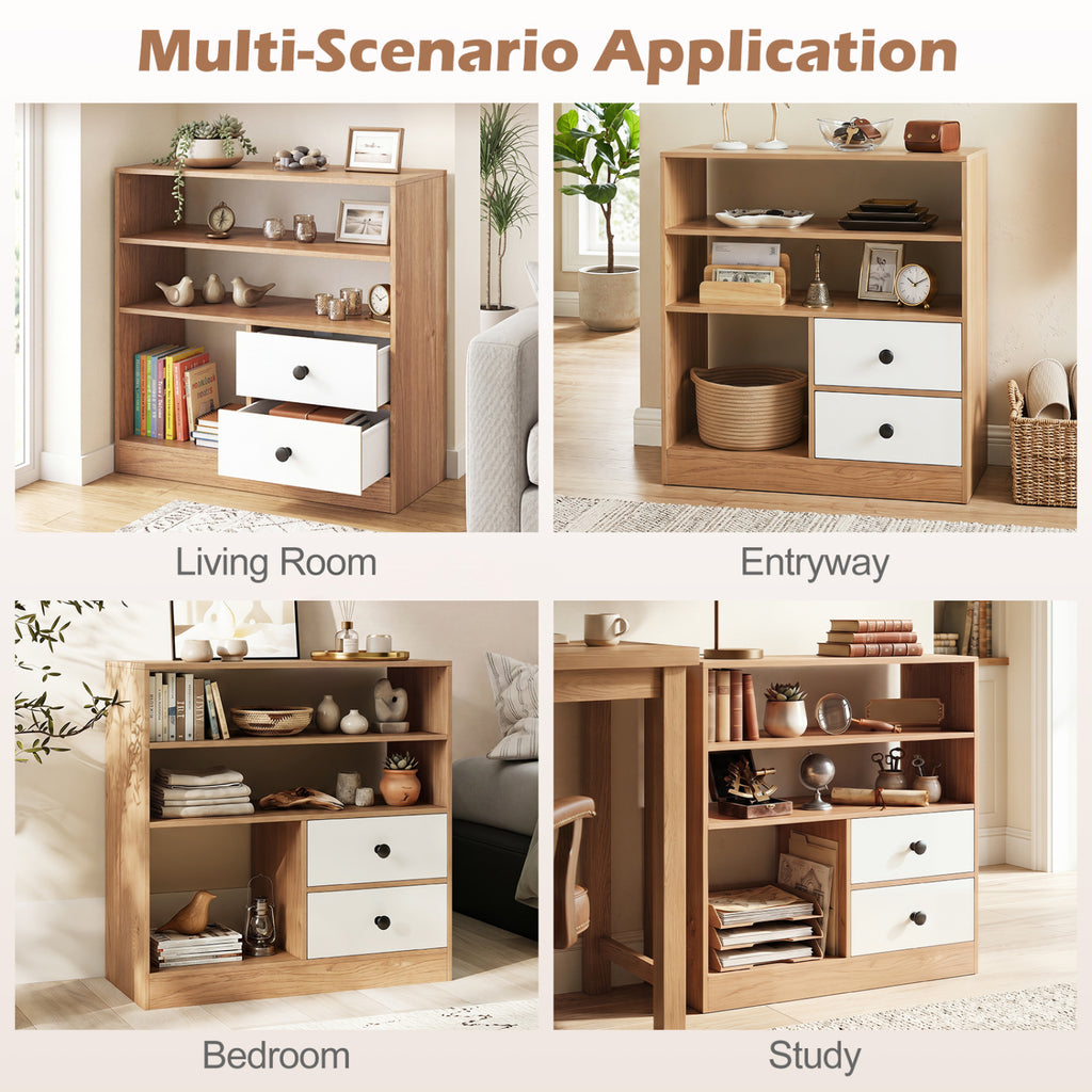 Open Storage Cabinet with 3 Open Compartments and 2 Drawer-Natural