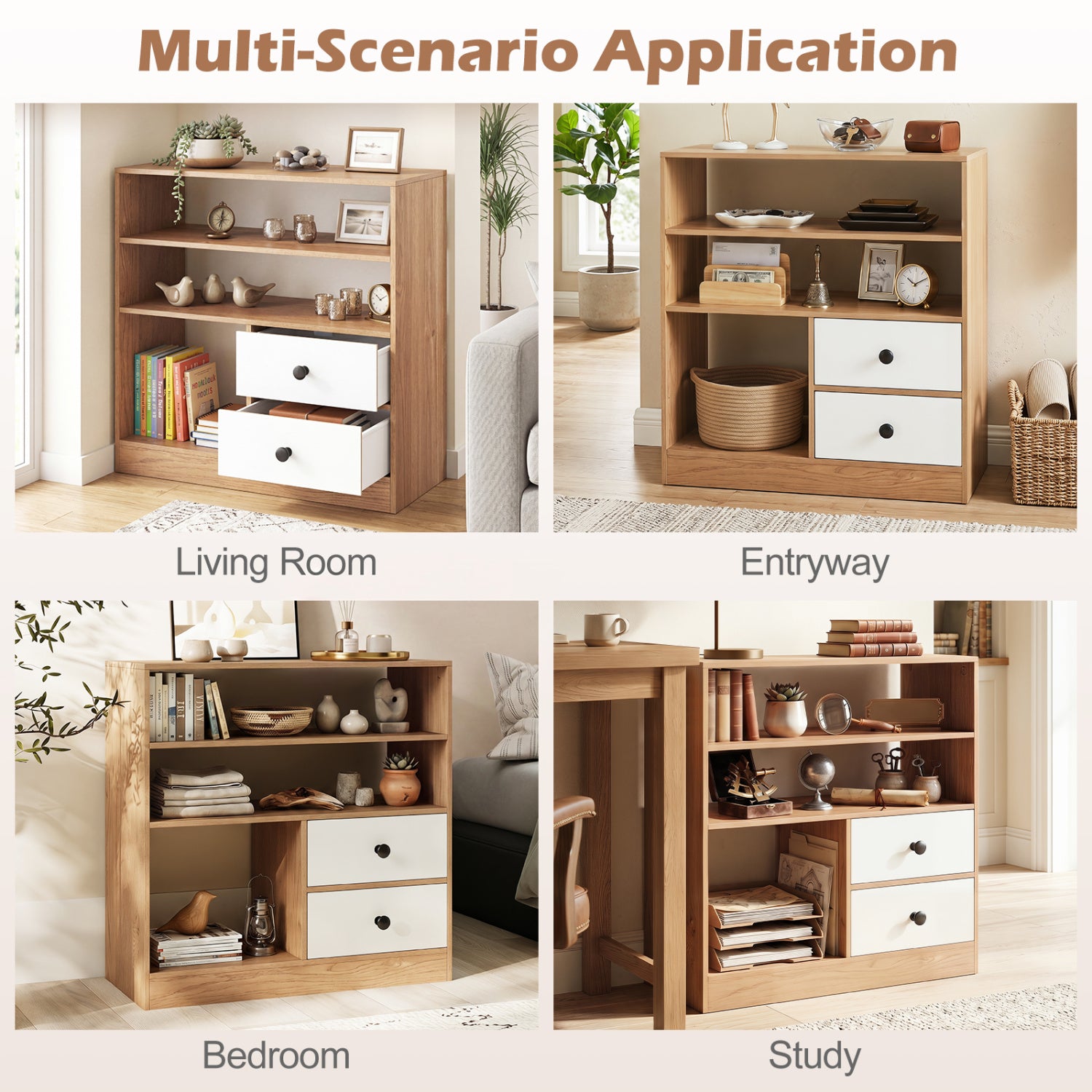 Open Storage Cabinet with 3 Open Compartments and 2 Drawer-Natural