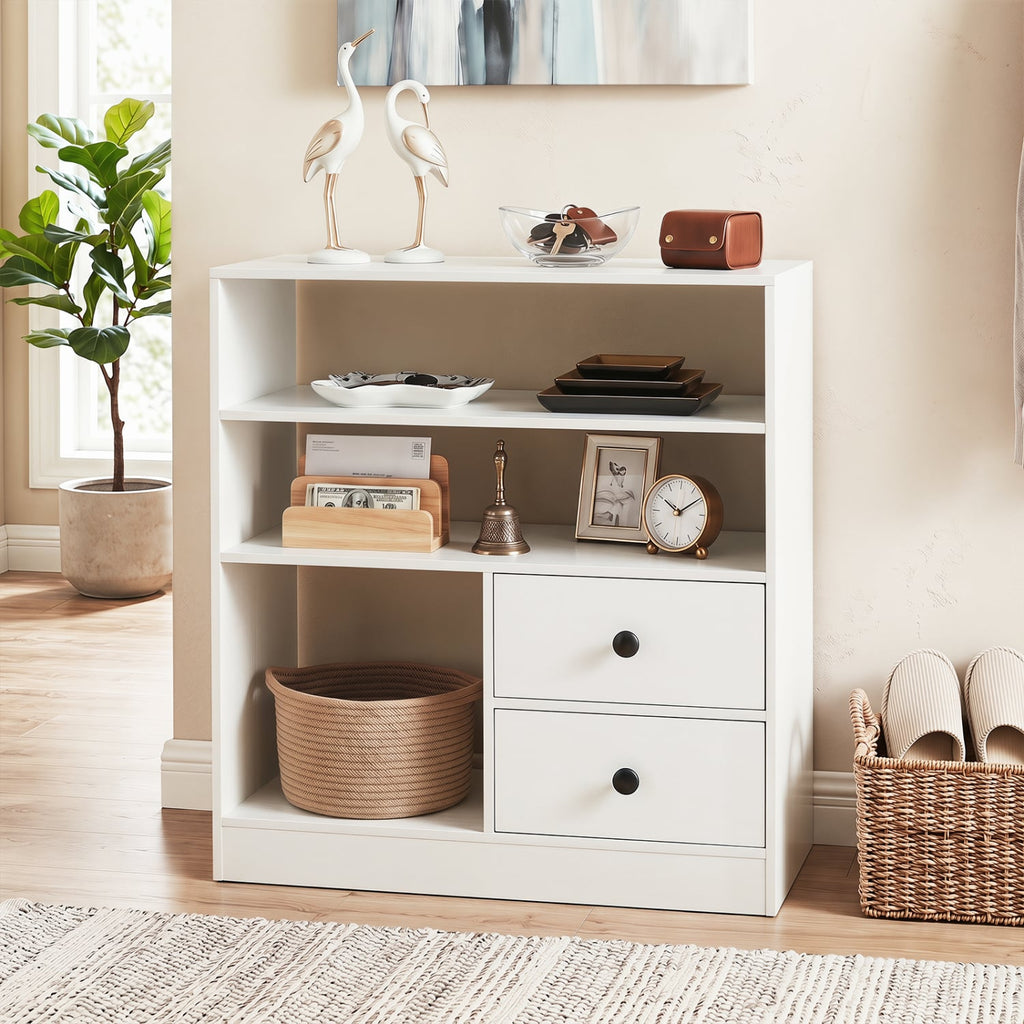 Open Storage Cabinet with 3 Open Compartments and 2 Drawer-White