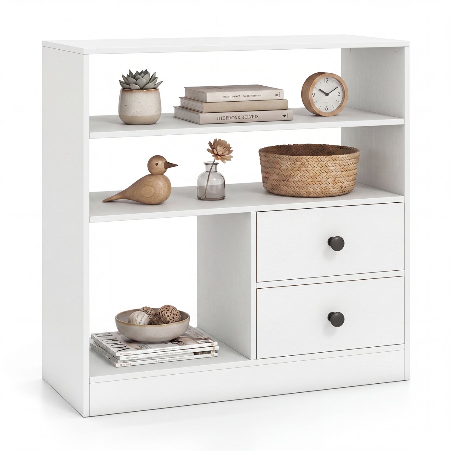 Open Storage Cabinet with 3 Open Compartments and 2 Drawer-White