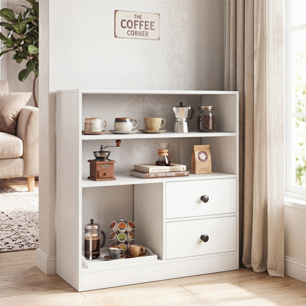 Open Storage Cabinet with 3 Open Compartments and 2 Drawer-White