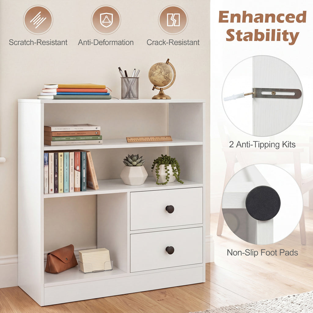 Open Storage Cabinet with 3 Open Compartments and 2 Drawer-White