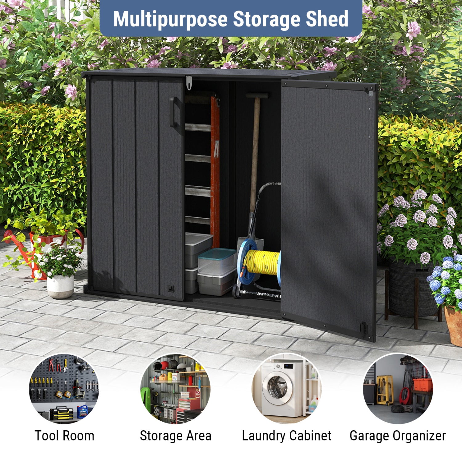 Outdoor 23.5 Cu.ft All-Weather Storage Box with Floor Lockable Door-Black